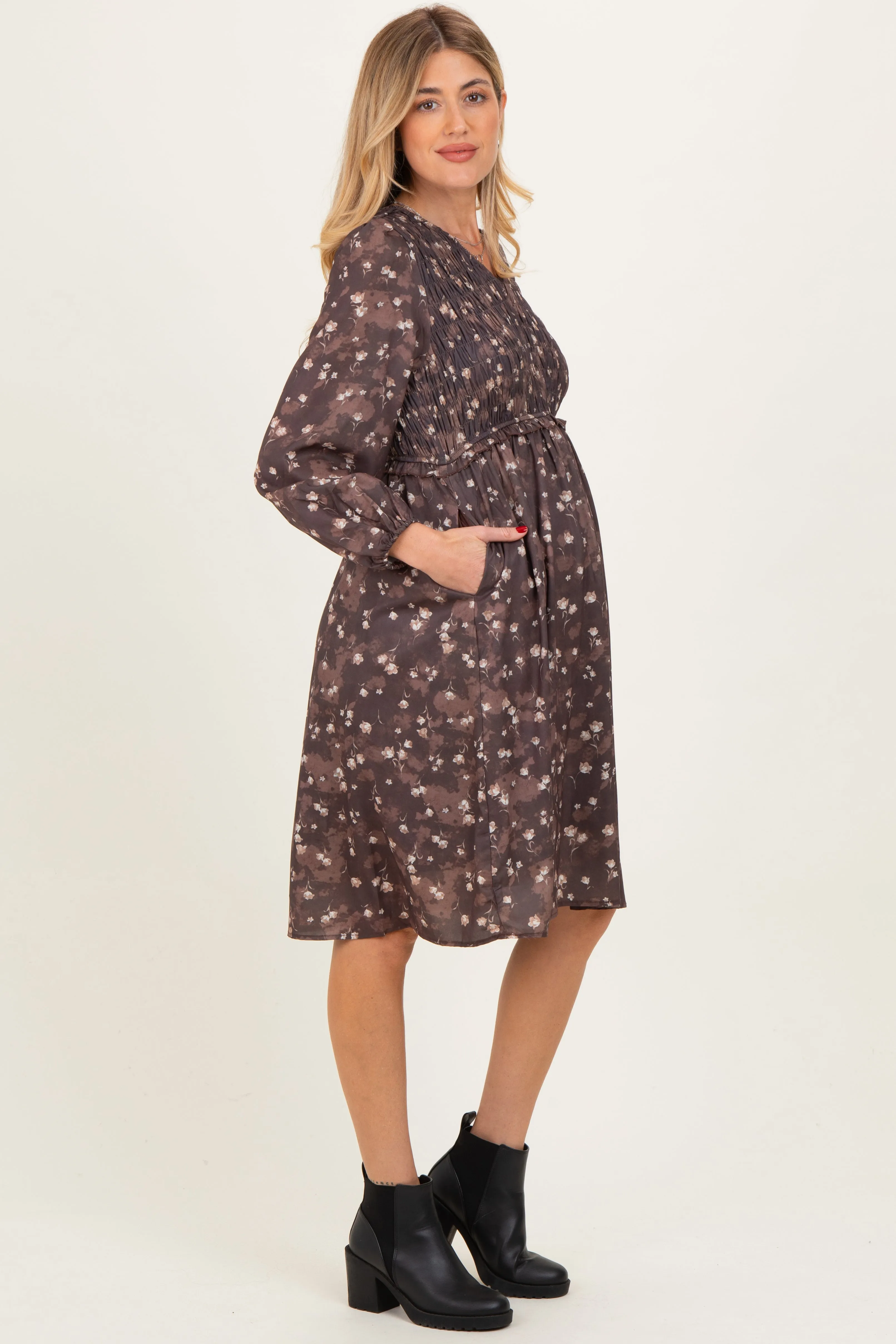 Brown Floral Smocked Long Sleeve Maternity Dress sold by Pinkblush product image thumbnail 3