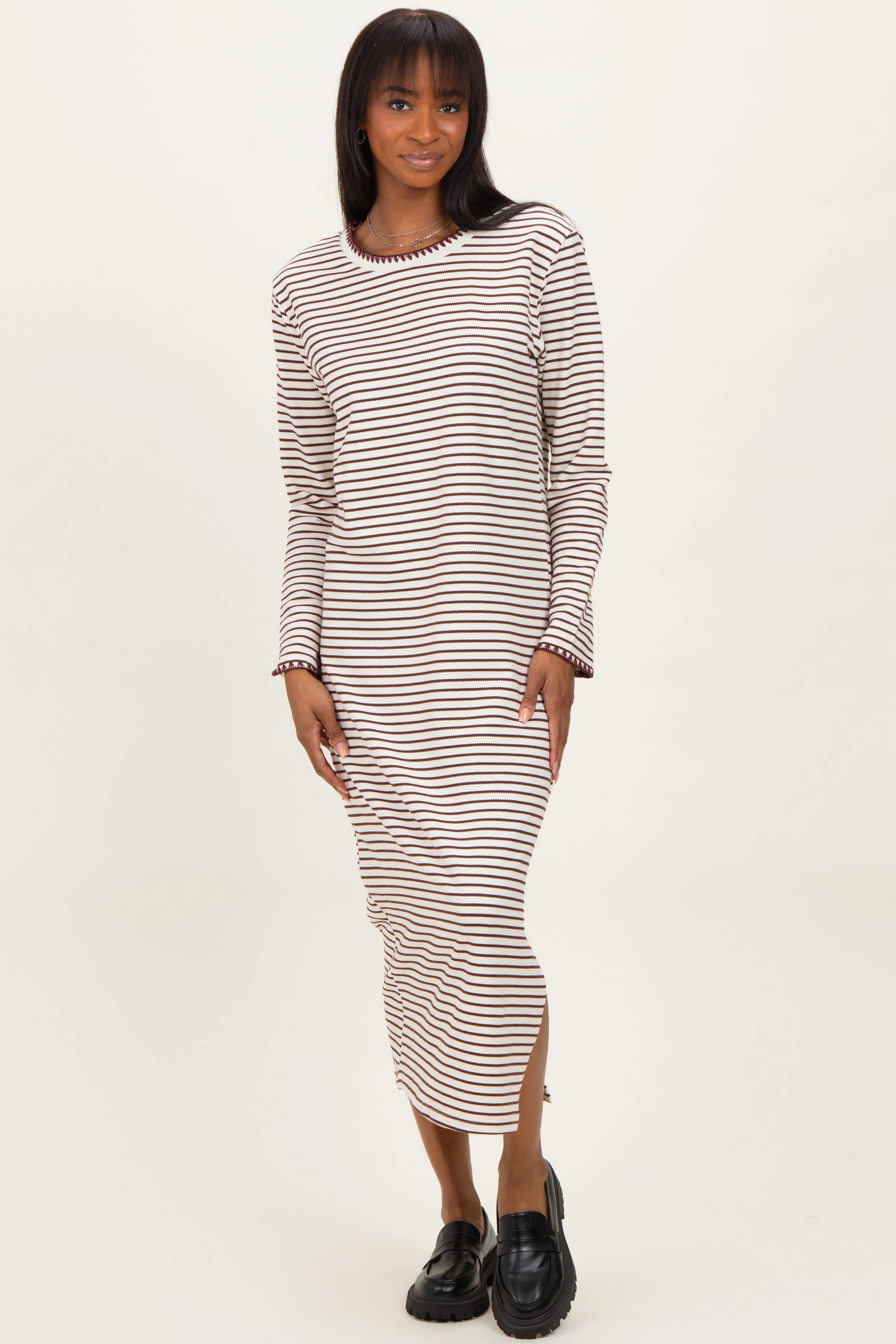 Cream Striped Stitch Detail Long Sleeve Maternity Midi Dress sold by Pinkblush product image thumbnail 4