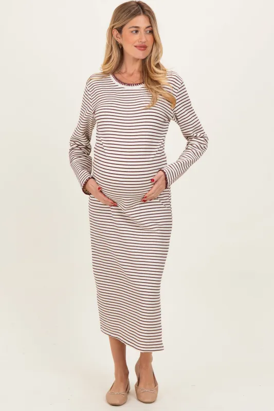 Cream Striped Stitch Detail Long Sleeve Maternity Midi Dress sold by Pinkblush