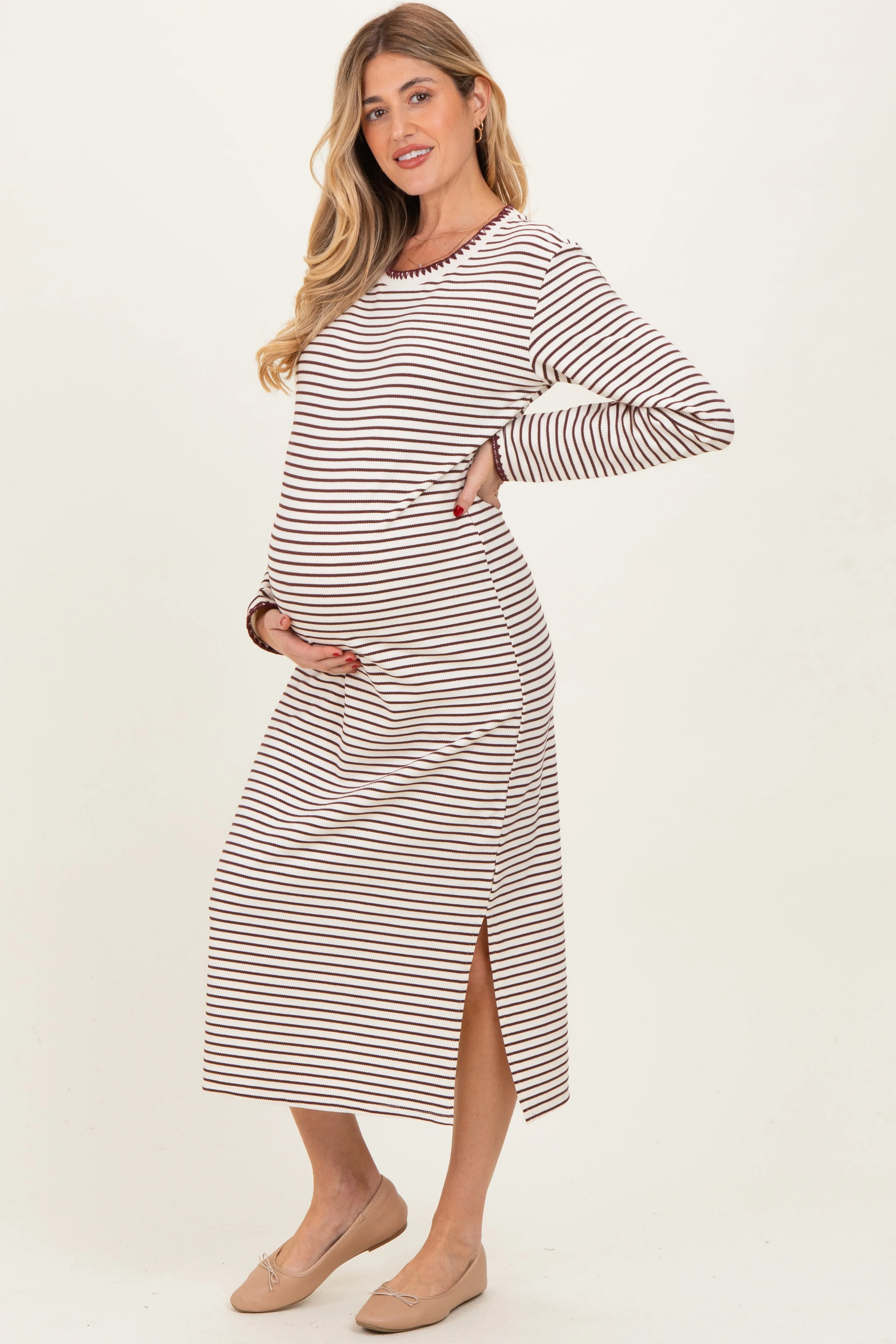 Cream Striped Stitch Detail Long Sleeve Maternity Midi Dress sold by Pinkblush product image thumbnail 2