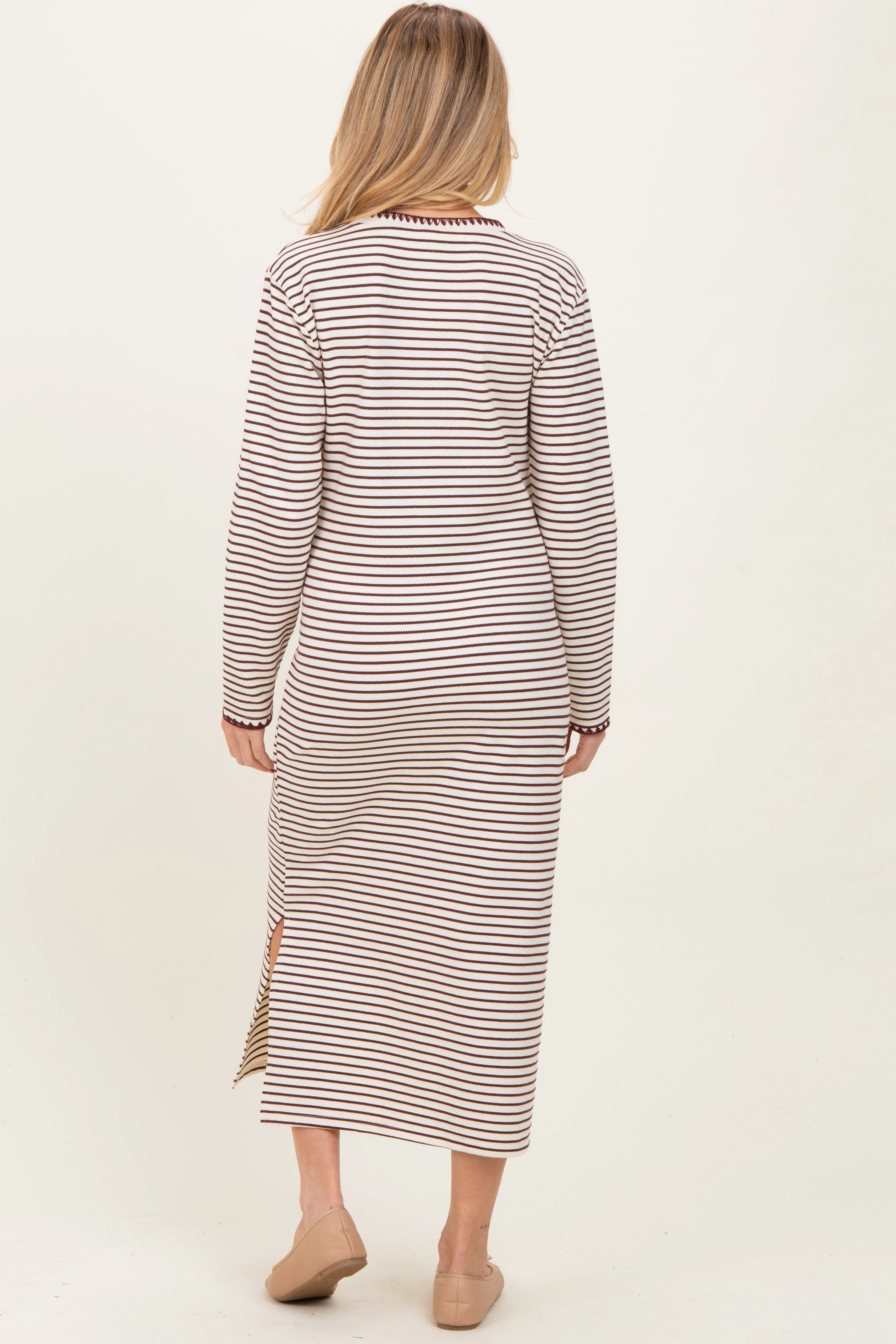Cream Striped Stitch Detail Long Sleeve Maternity Midi Dress sold by Pinkblush product image thumbnail 3