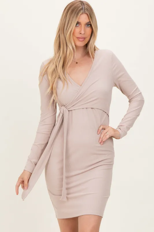 Beige Ribbed Long Sleeve V-Neck Wrap Midi Dress sold by Pinkblush
