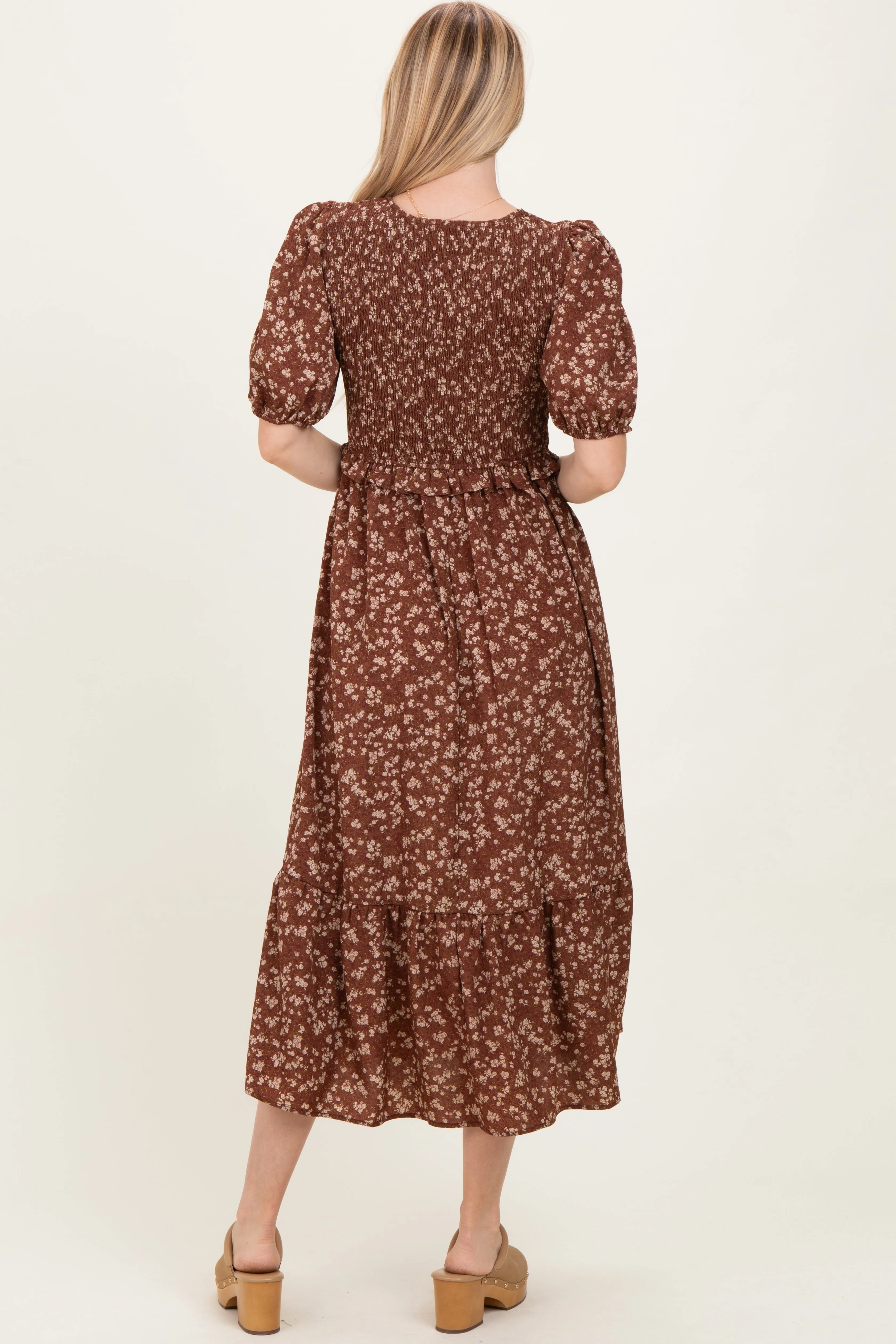 Brown Floral Smocked Short Sleeve Midi Dress sold by Pinkblush product image thumbnail 4