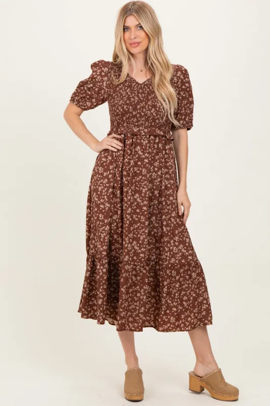 Brown Floral Smocked Short Sleeve Midi Dress sold by Pinkblush