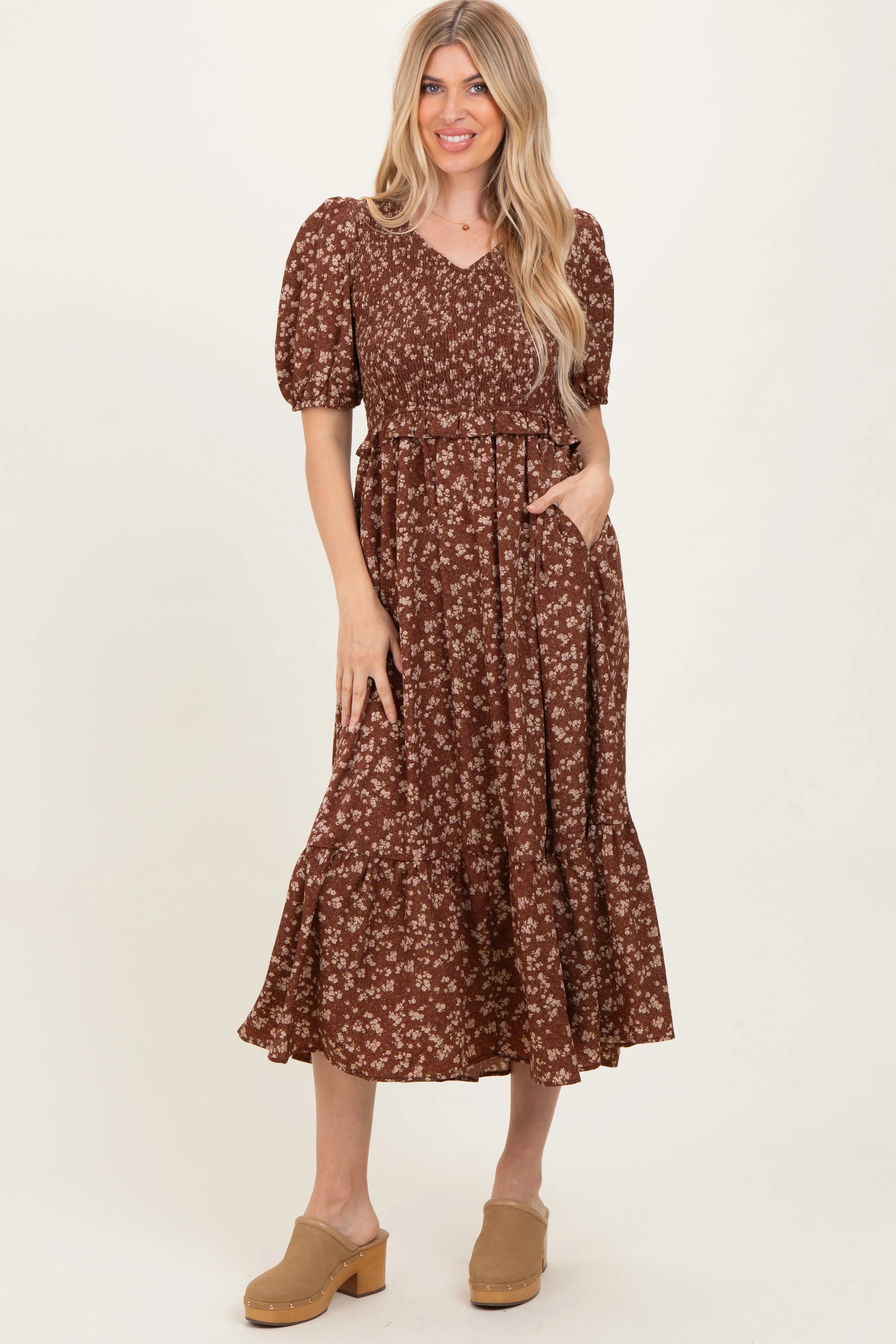 Brown Floral Smocked Short Sleeve Midi Dress sold by Pinkblush product image thumbnail 2