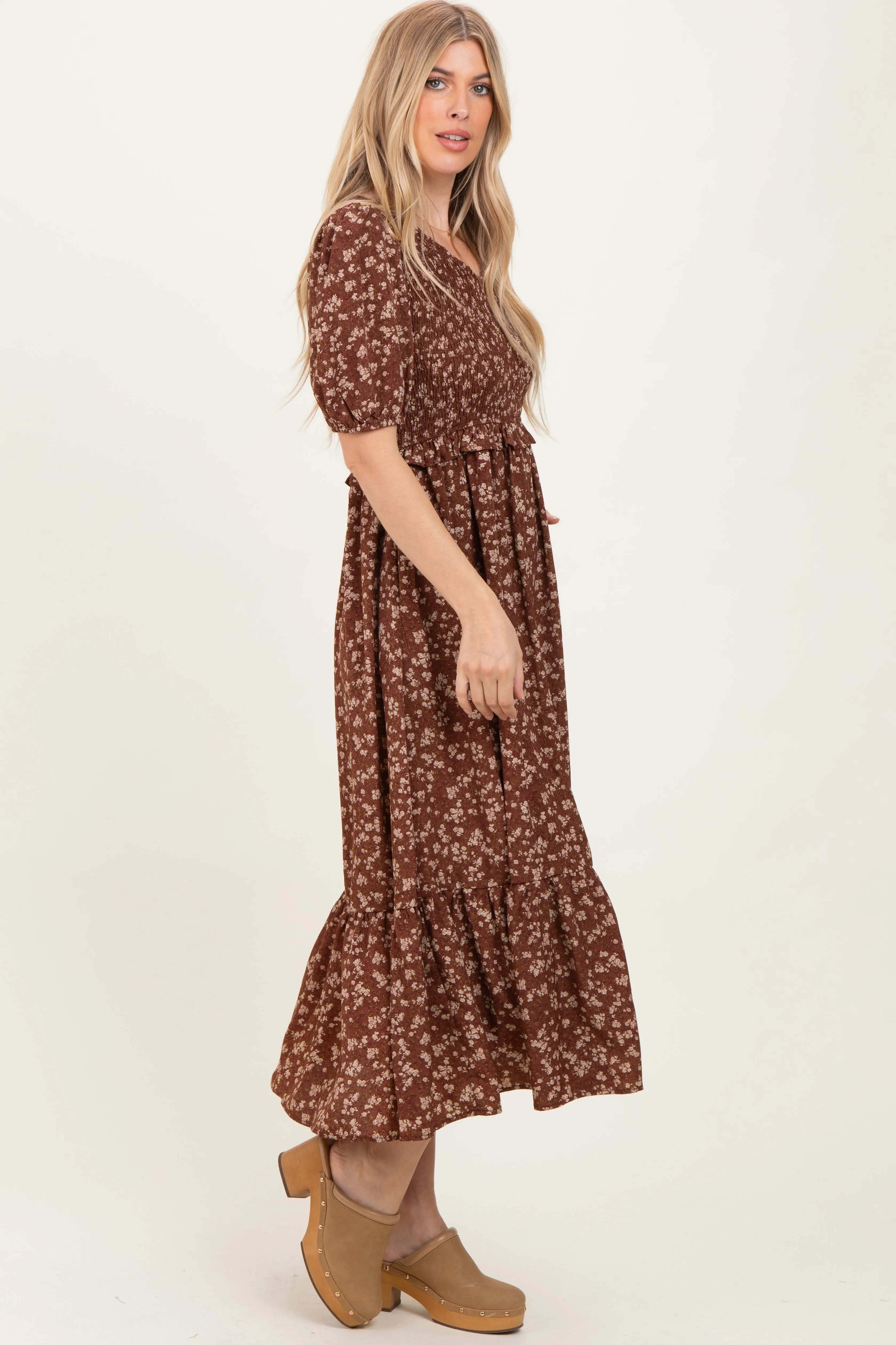 Brown Floral Smocked Short Sleeve Midi Dress sold by Pinkblush product image thumbnail 3