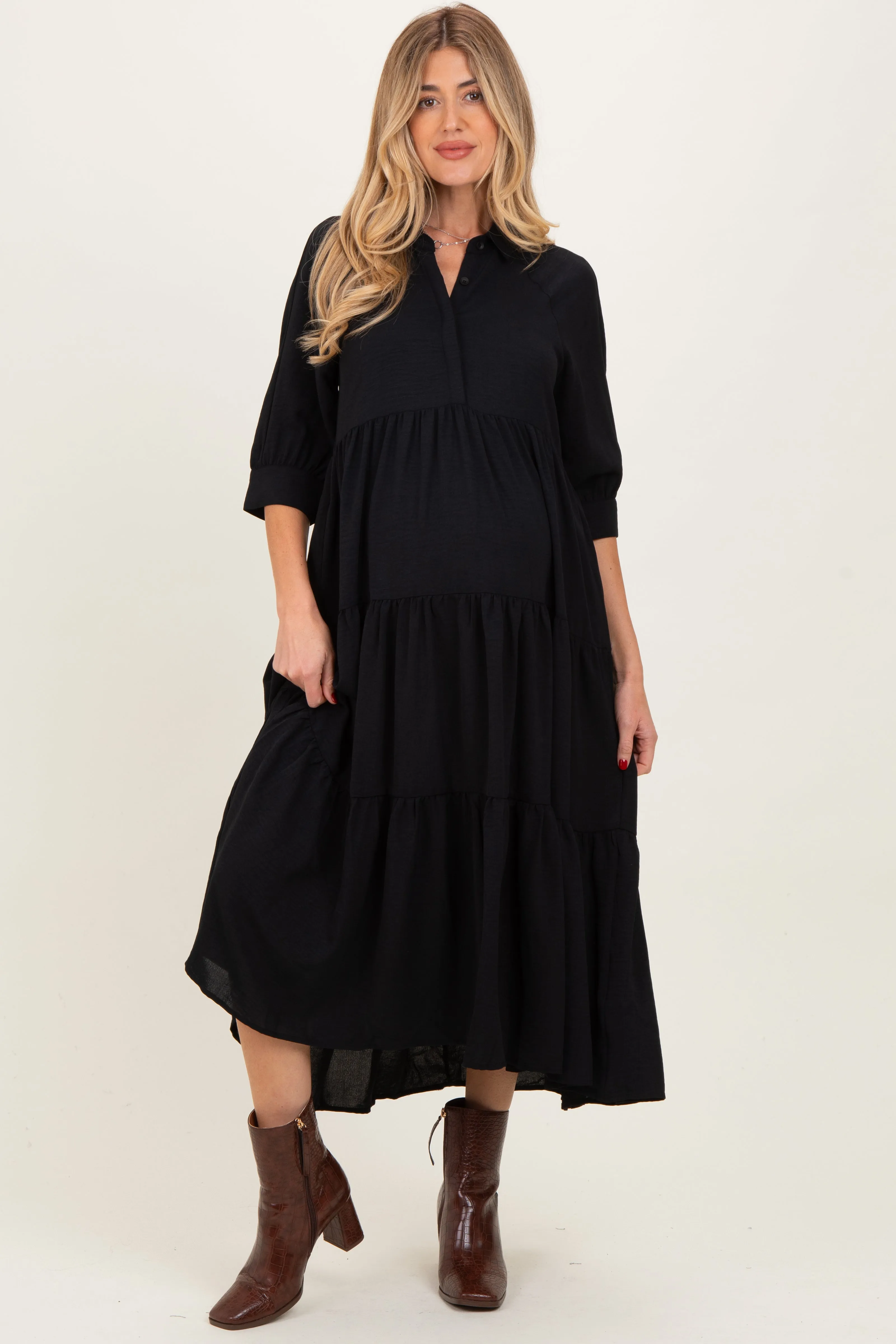 Black Collared Button Up Tiered Maternity Midi Dress sold by Pinkblush
