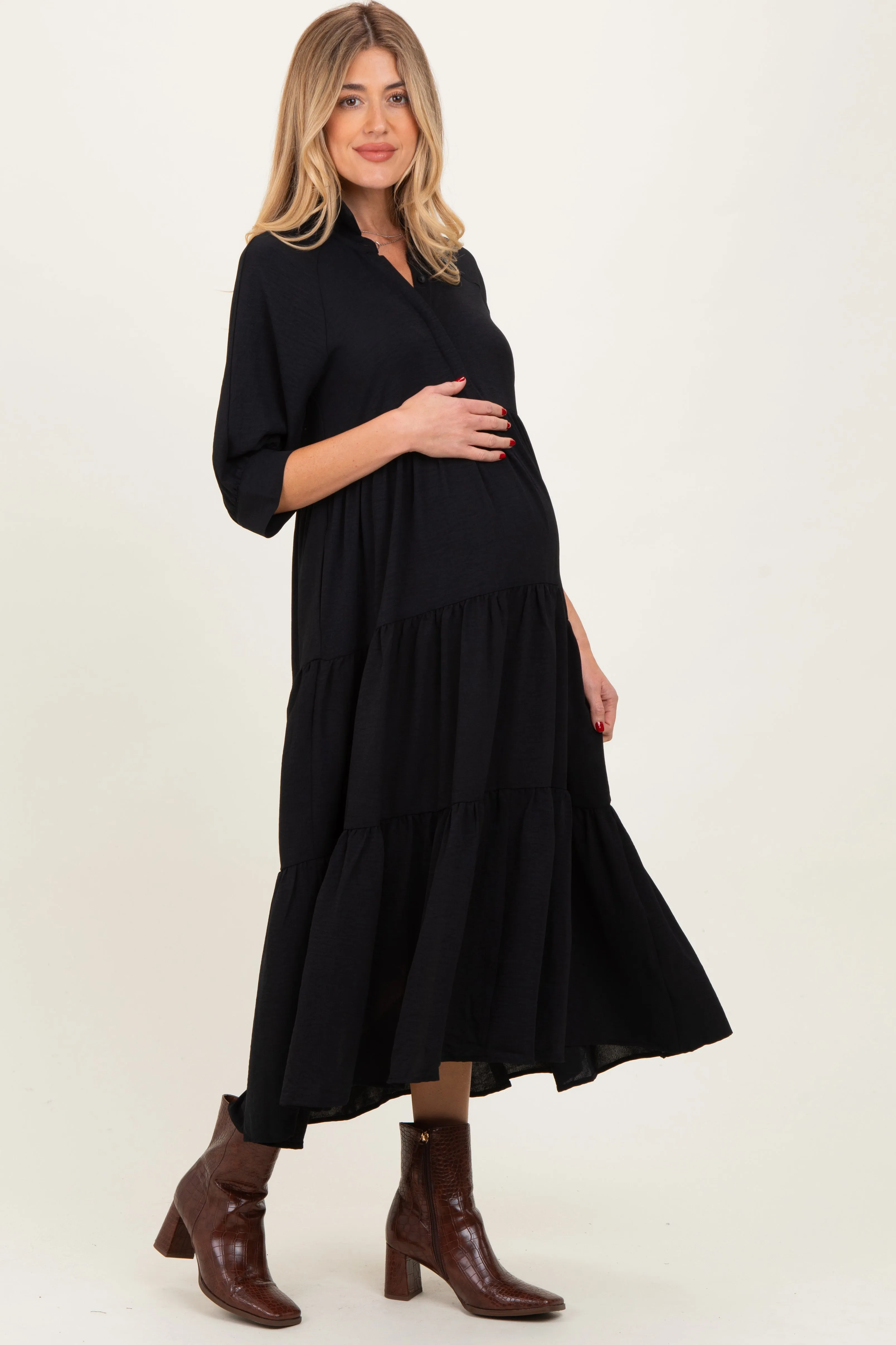 Black Collared Button Up Tiered Maternity Midi Dress sold by Pinkblush product image thumbnail 2