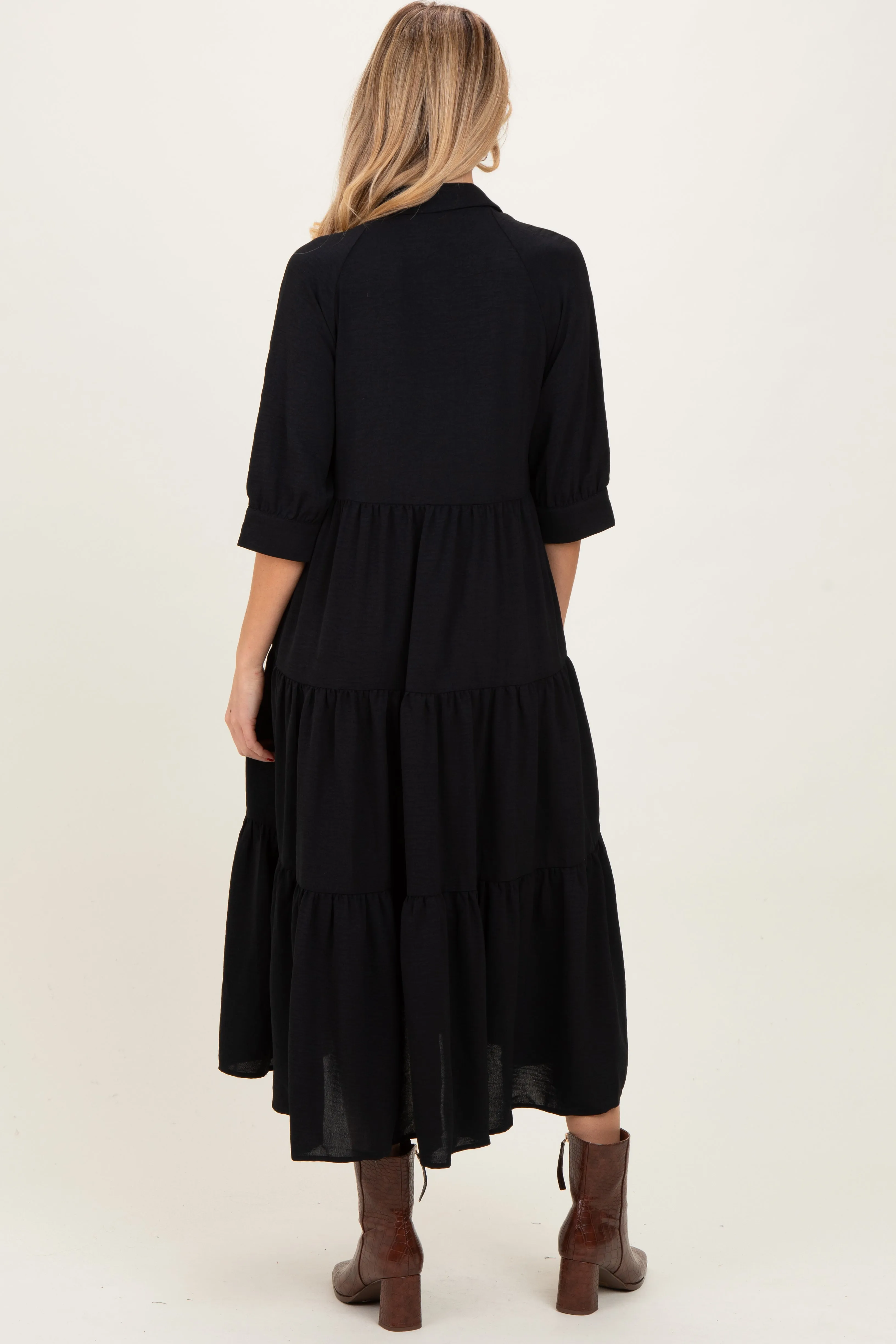 Black Collared Button Up Tiered Maternity Midi Dress sold by Pinkblush product image thumbnail 3