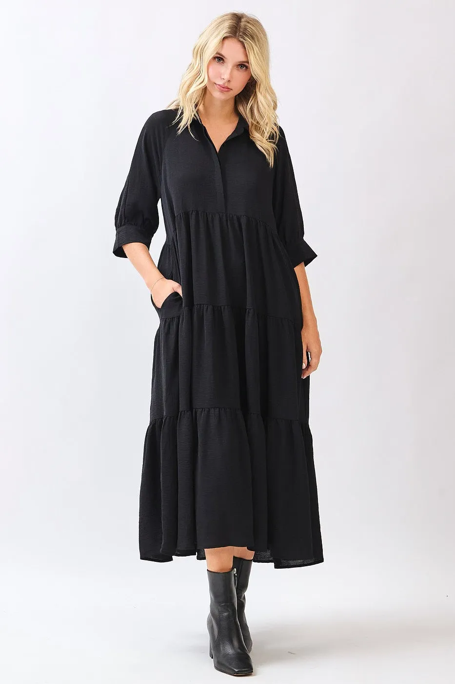 Black Collared Button Up Tiered Maternity Midi Dress sold by Pinkblush product image thumbnail 4