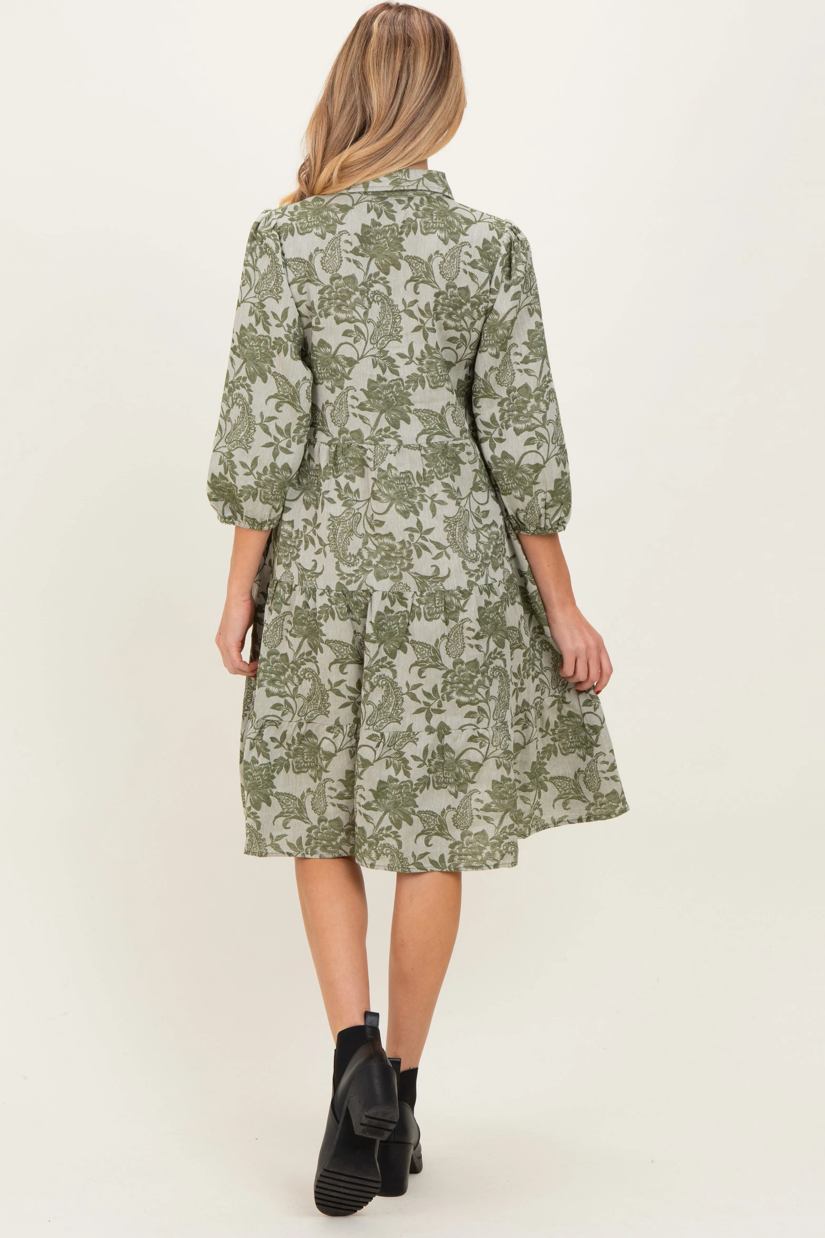 Olive Floral Button Down 3/4 Sleeve Maternity Midi Dress sold by Pinkblush product image thumbnail 4