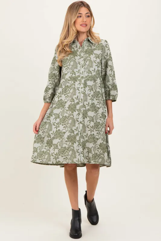 Olive Floral Button Down 3/4 Sleeve Maternity Midi Dress sold by Pinkblush