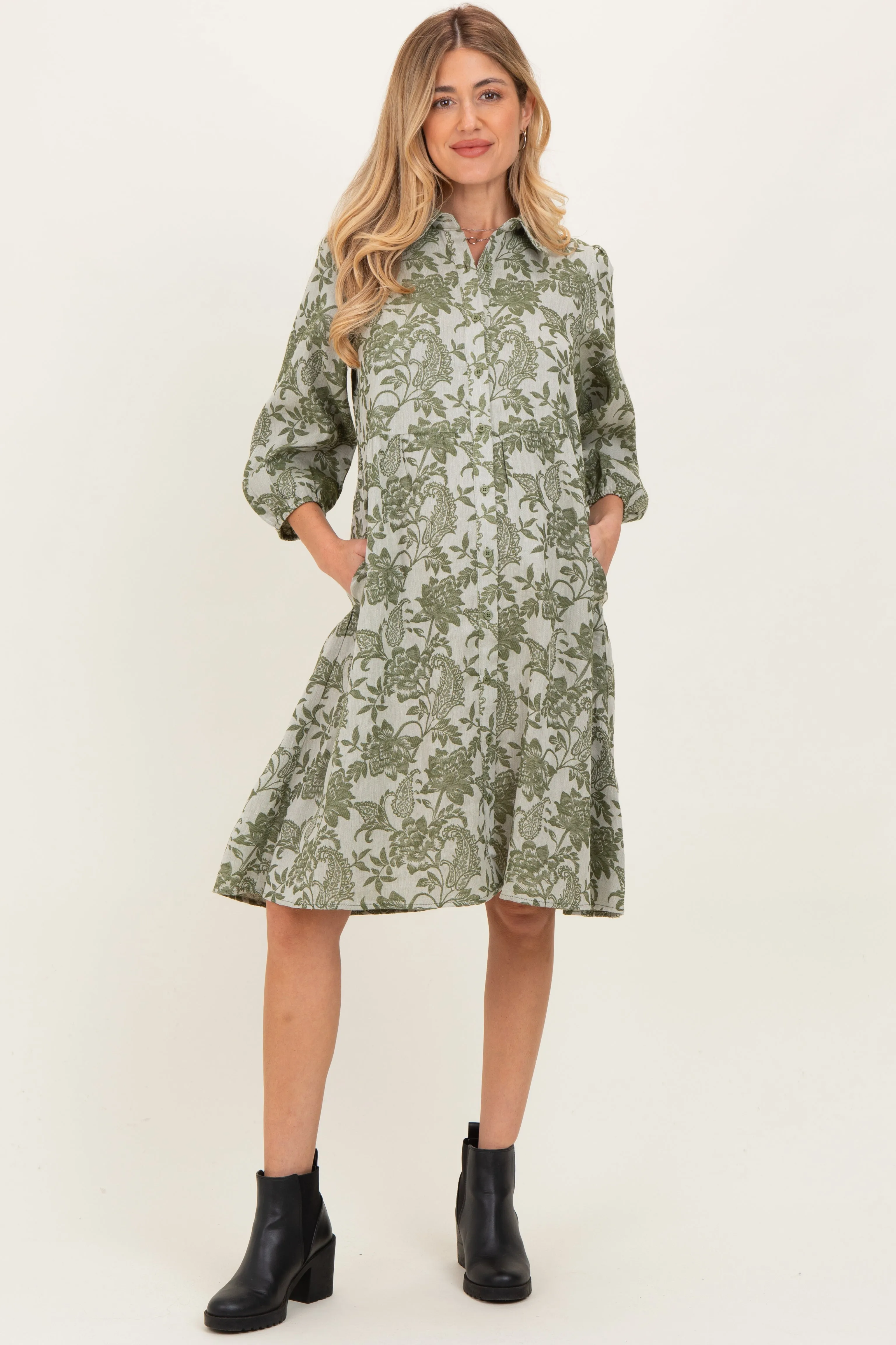Olive Floral Button Down 3/4 Sleeve Maternity Midi Dress sold by Pinkblush product image thumbnail 2
