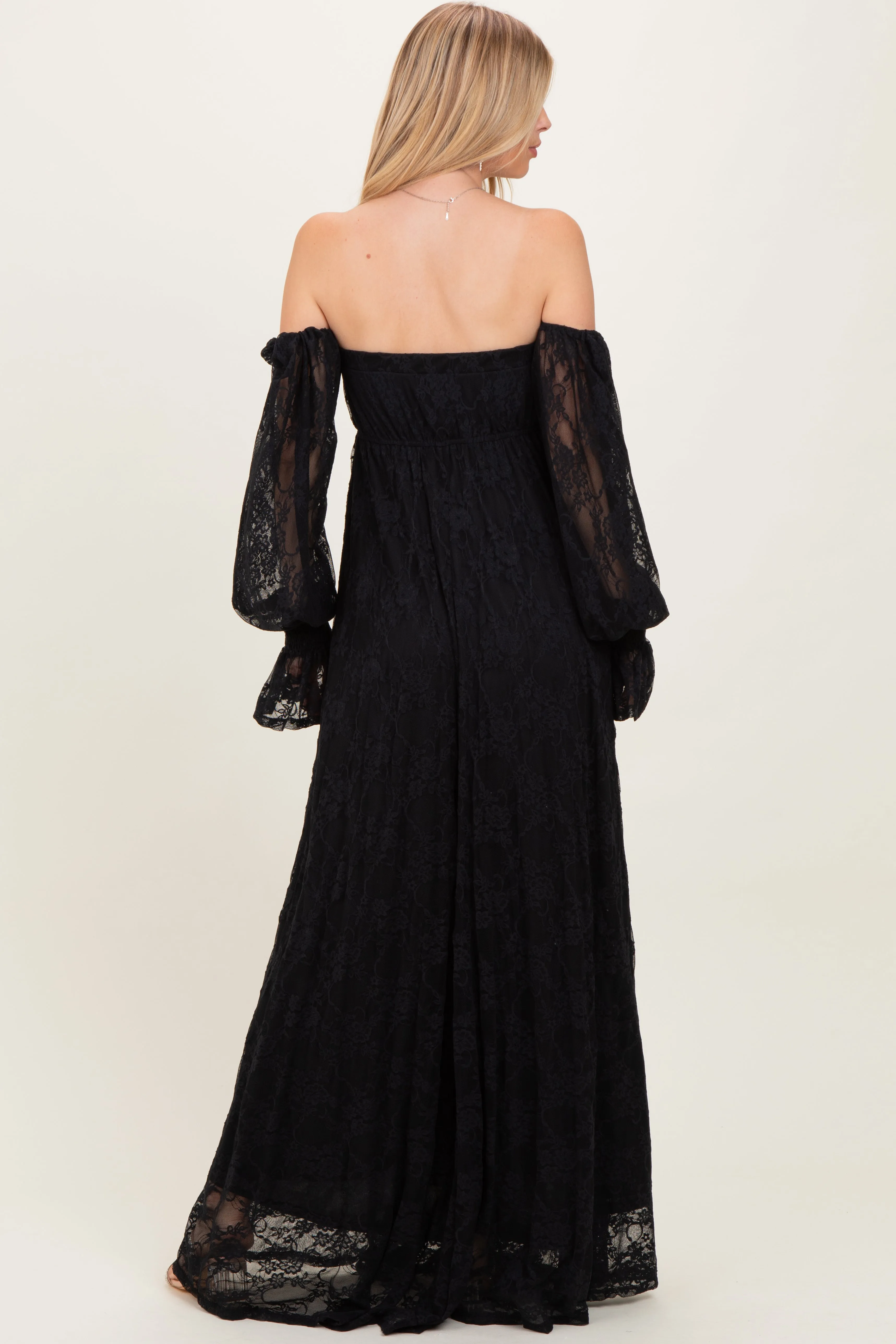 Black Lace Smocked Long Sleeve Off Shoulder Maxi Dress sold by Pinkblush product image thumbnail 4