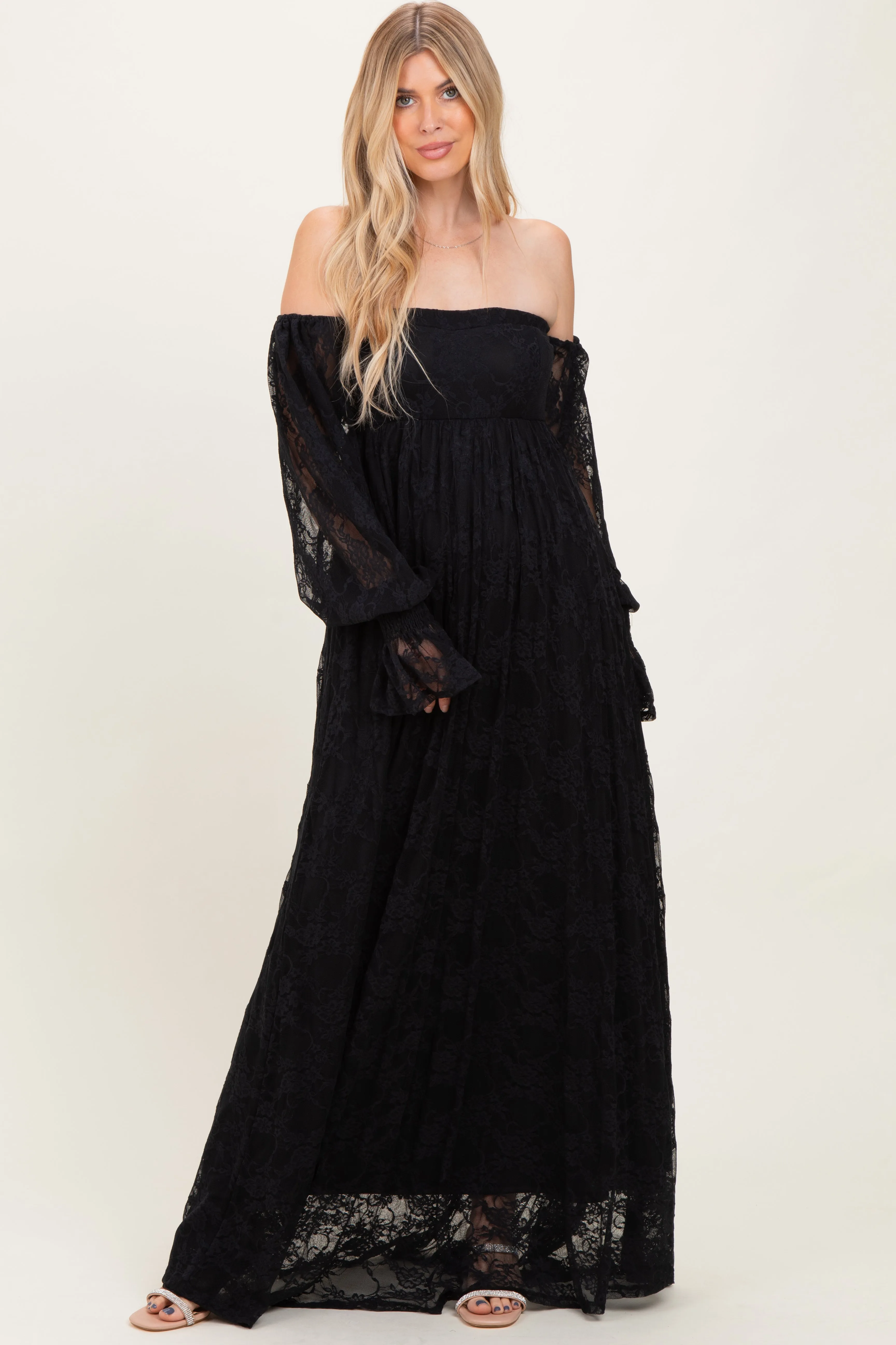 Black Lace Smocked Long Sleeve Off Shoulder Maxi Dress sold by Pinkblush product image thumbnail 2