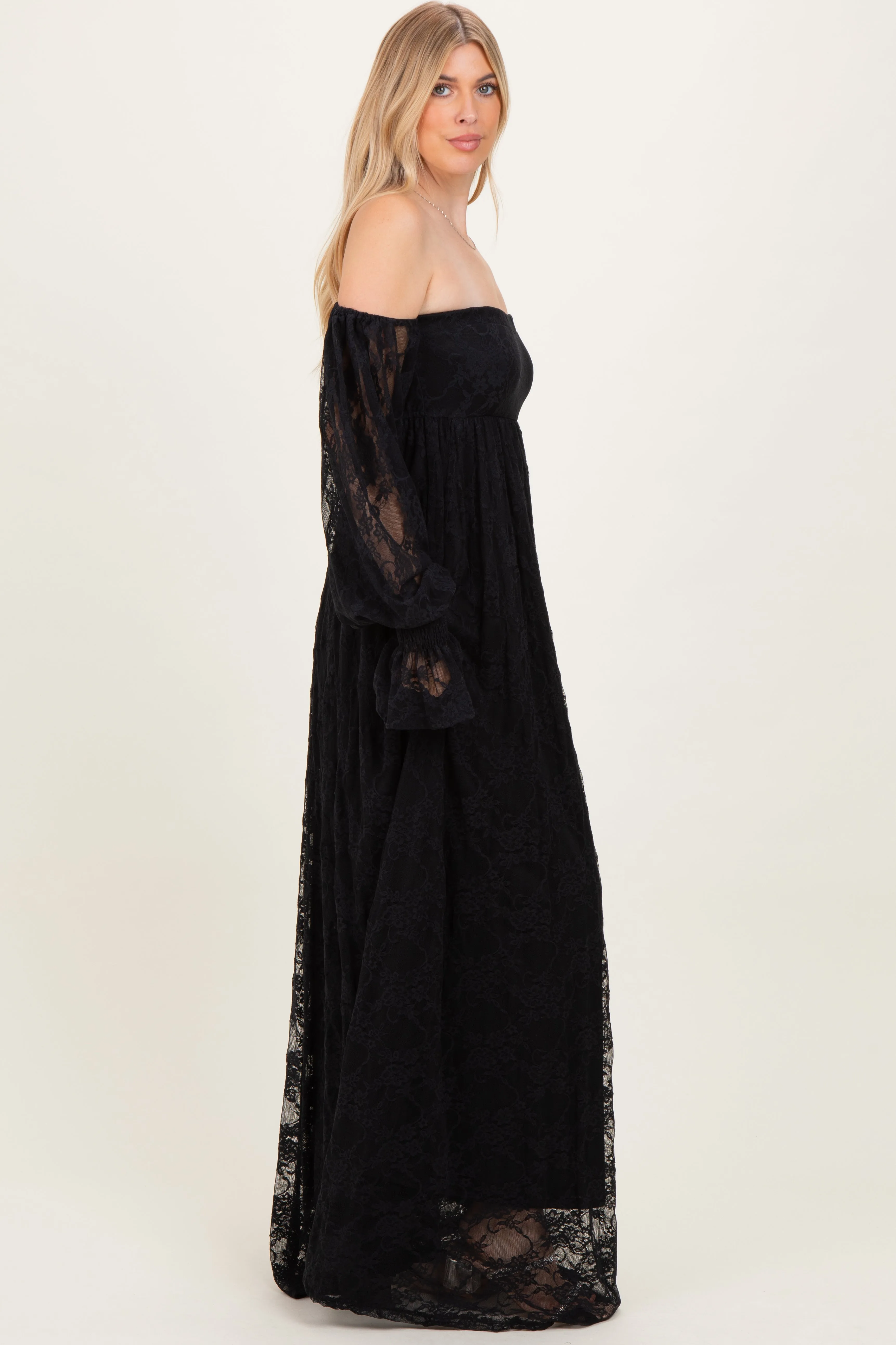 Black Lace Smocked Long Sleeve Off Shoulder Maxi Dress sold by Pinkblush product image thumbnail 3