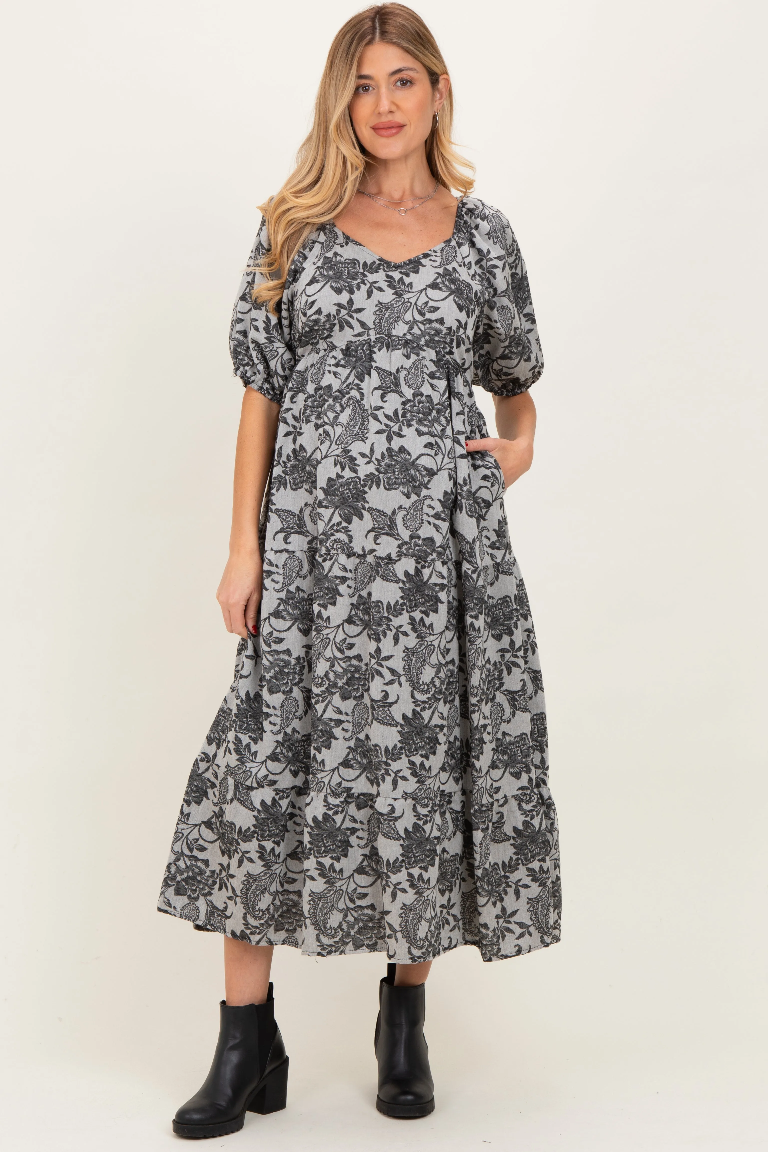 Black Floral V-Neck 3/4 Sleeve Maternity Midi Dress sold by Pinkblush
