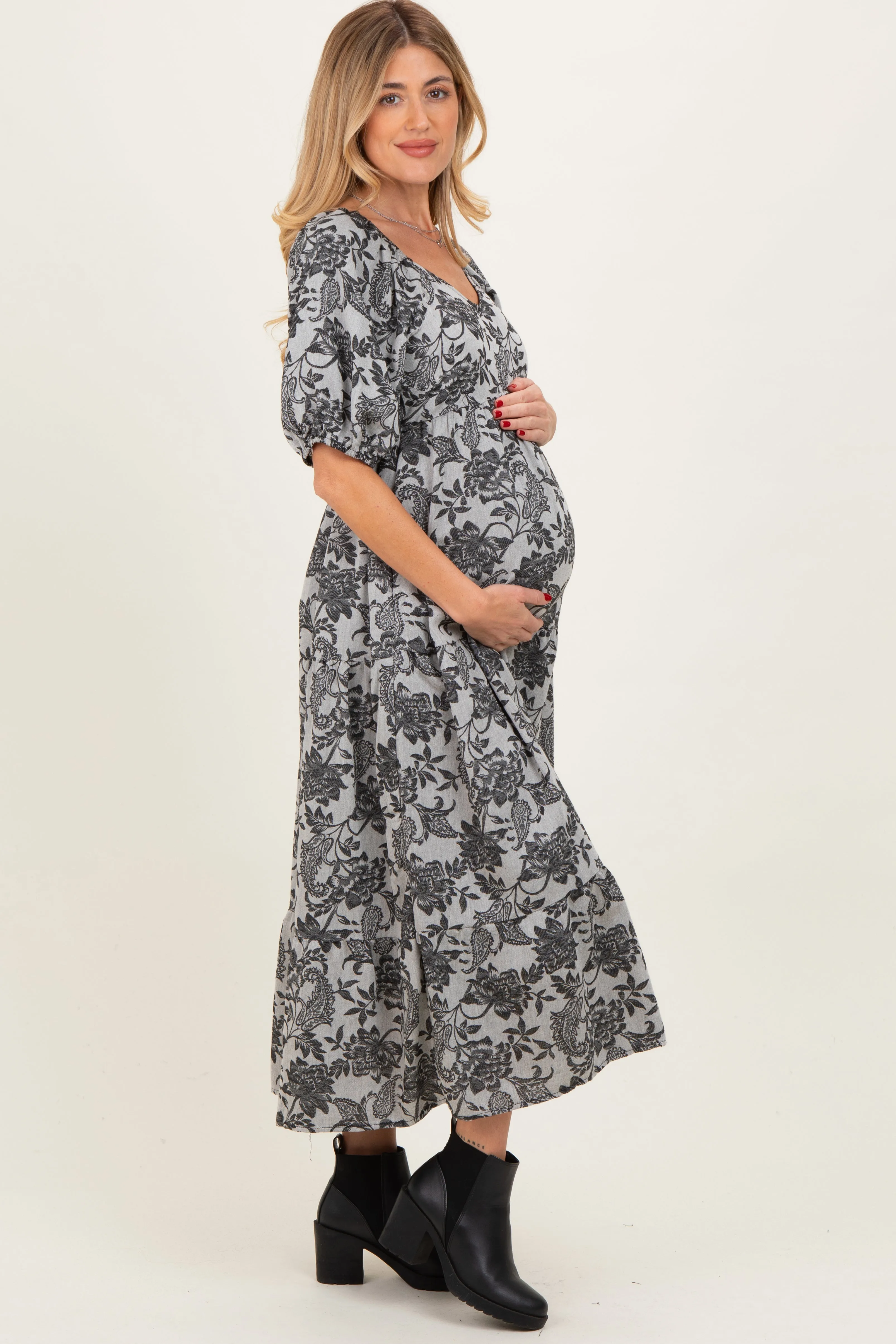 Black Floral V-Neck 3/4 Sleeve Maternity Midi Dress sold by Pinkblush product image thumbnail 2
