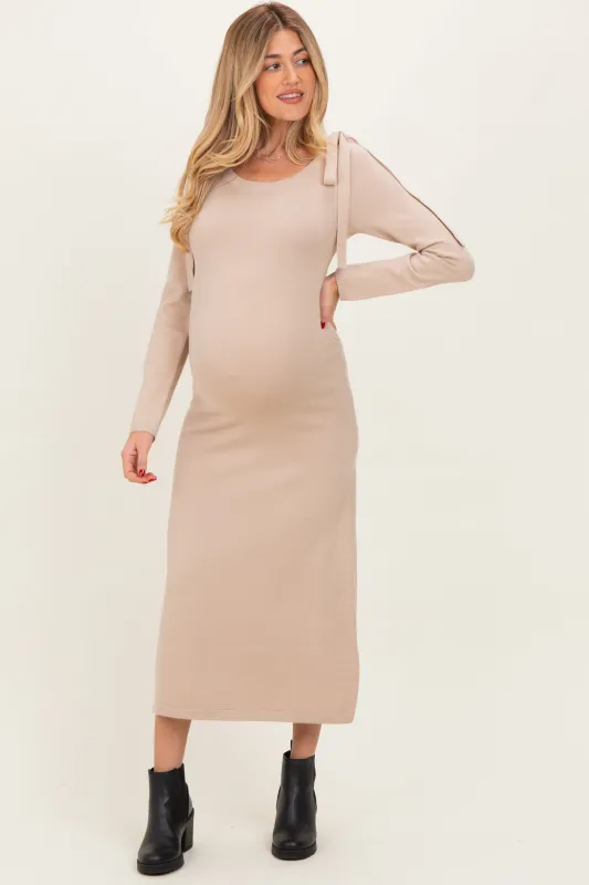 Beige Bow Shoulder Maternity Knit Dress made by Able