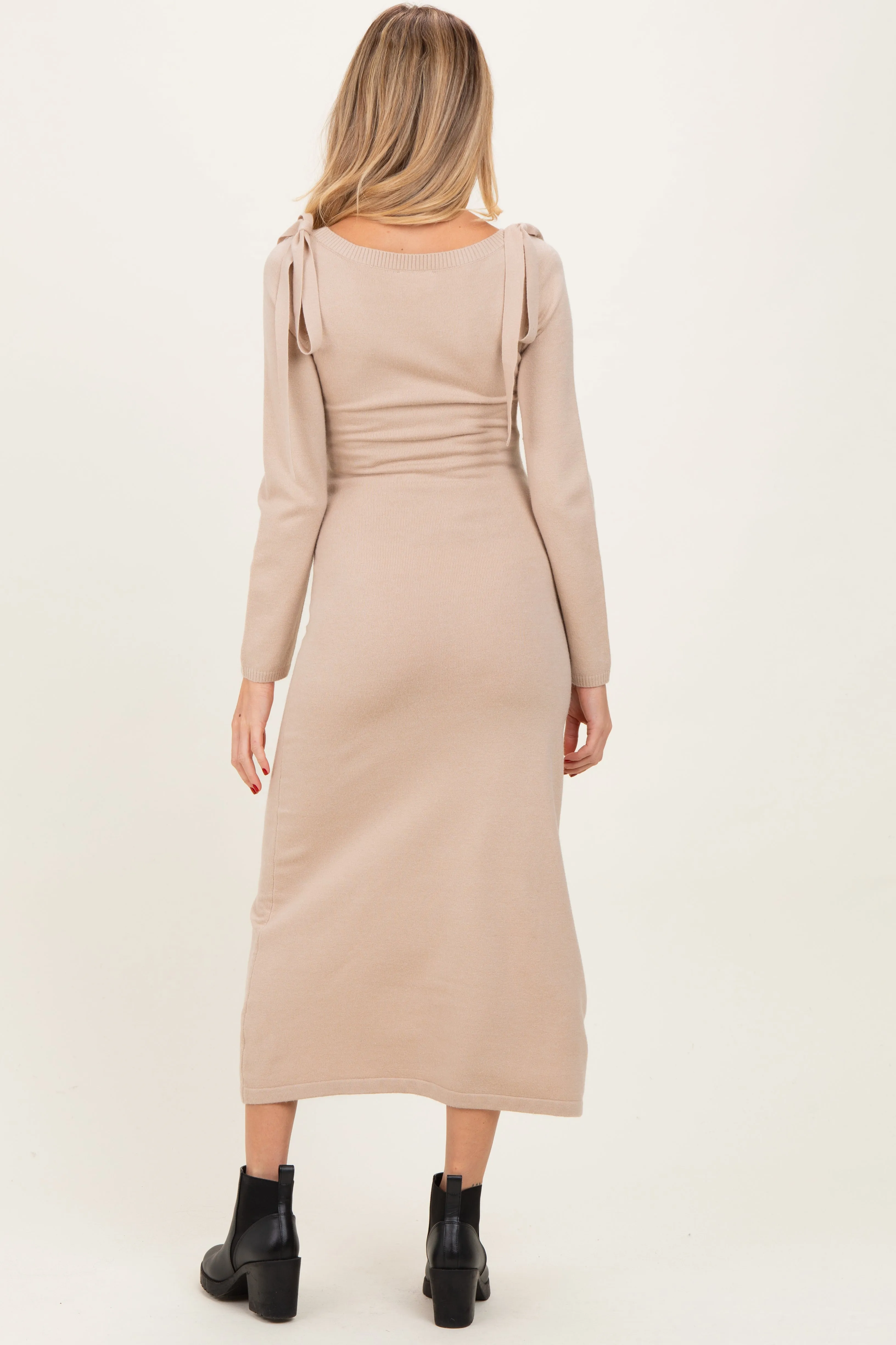 Beige Bow Shoulder Maternity Knit Dress sold by Pinkblush product image thumbnail 4