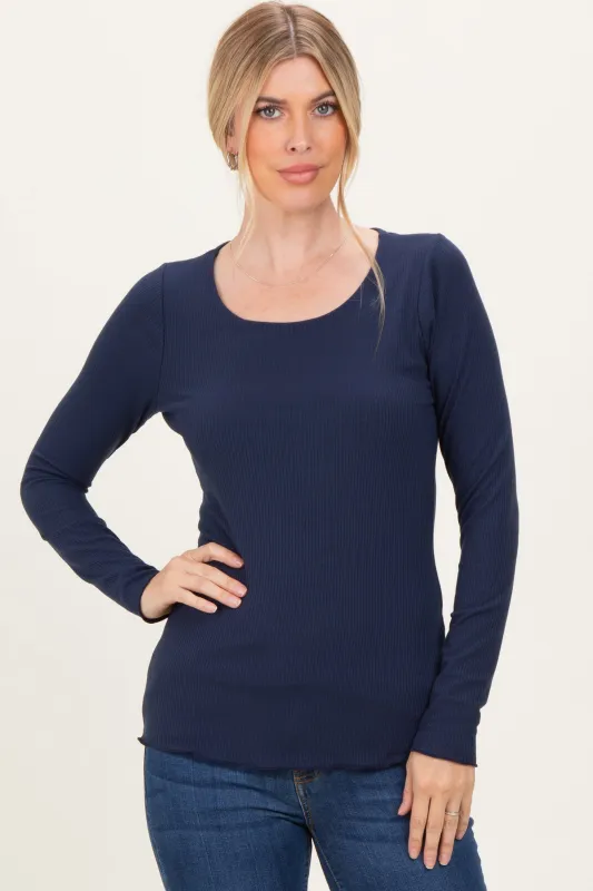 Navy Ribbed Long Sleeve Lettuce Trim Top sold by Pinkblush