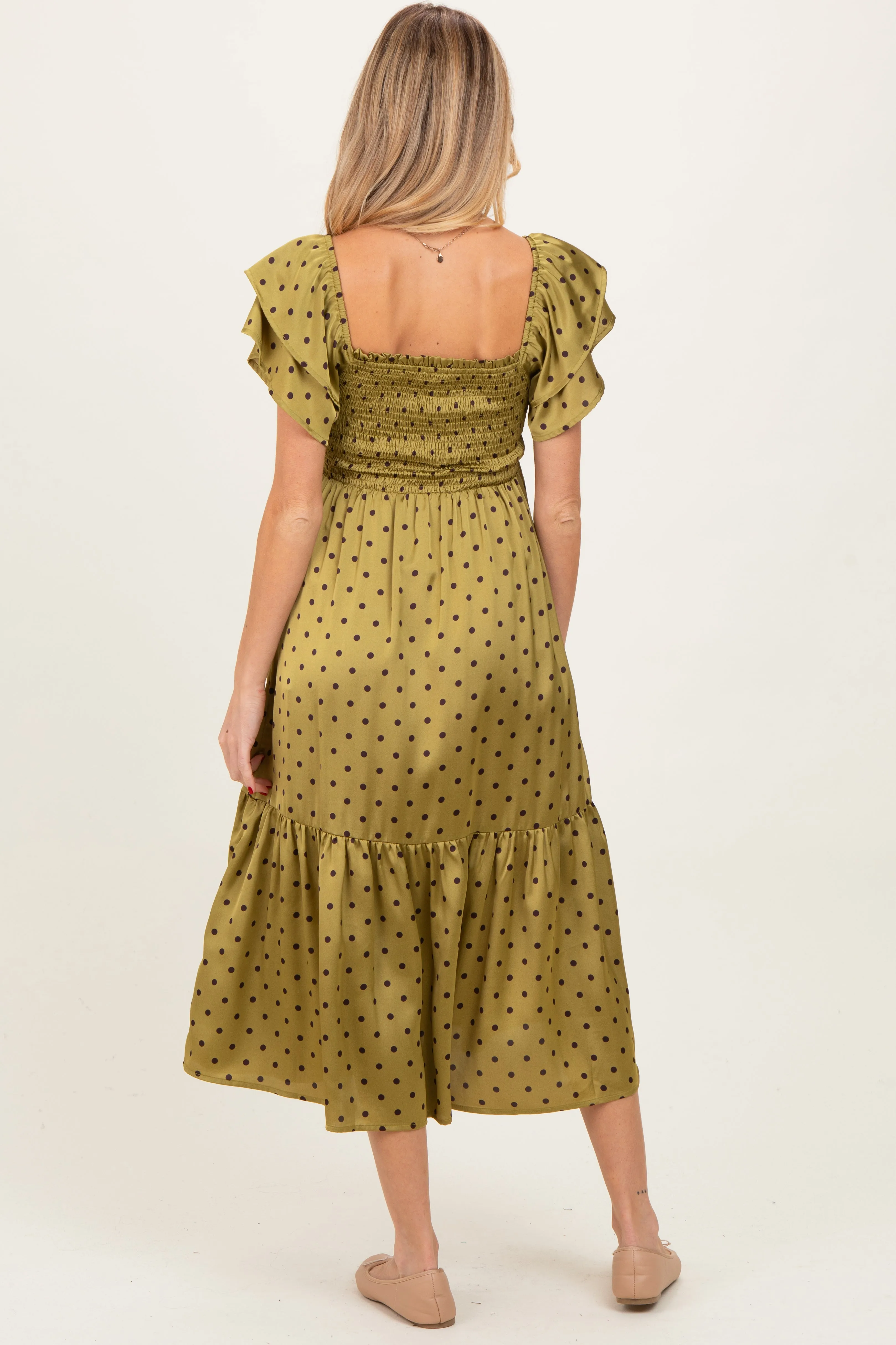 Light Olive Polka Dot Satin Smocked Flutter Sleeve Maternity Dress sold by Pinkblush product image thumbnail 3