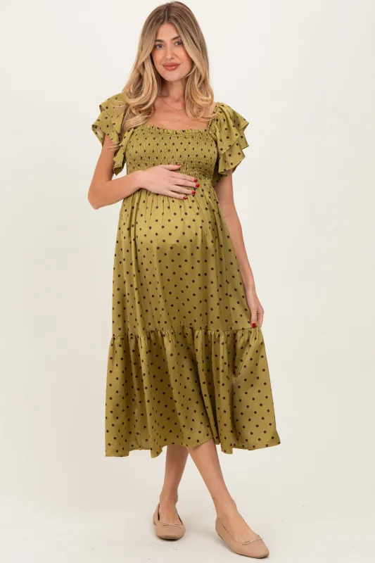 Light Olive Polka Dot Satin Smocked Flutter Sleeve Maternity Dress sold by Pinkblush