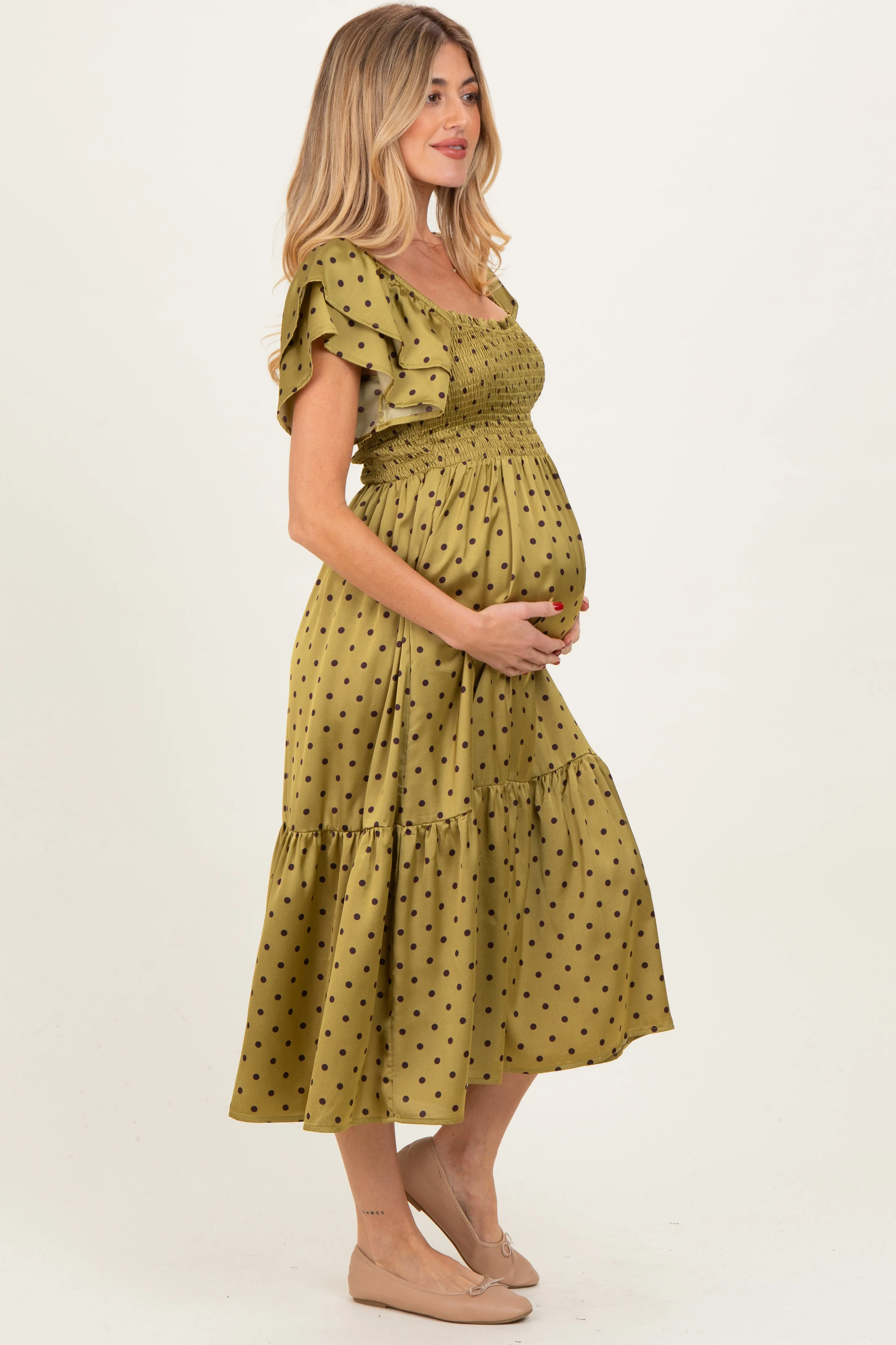 Light Olive Polka Dot Satin Smocked Flutter Sleeve Maternity Dress sold by Pinkblush product image thumbnail 2