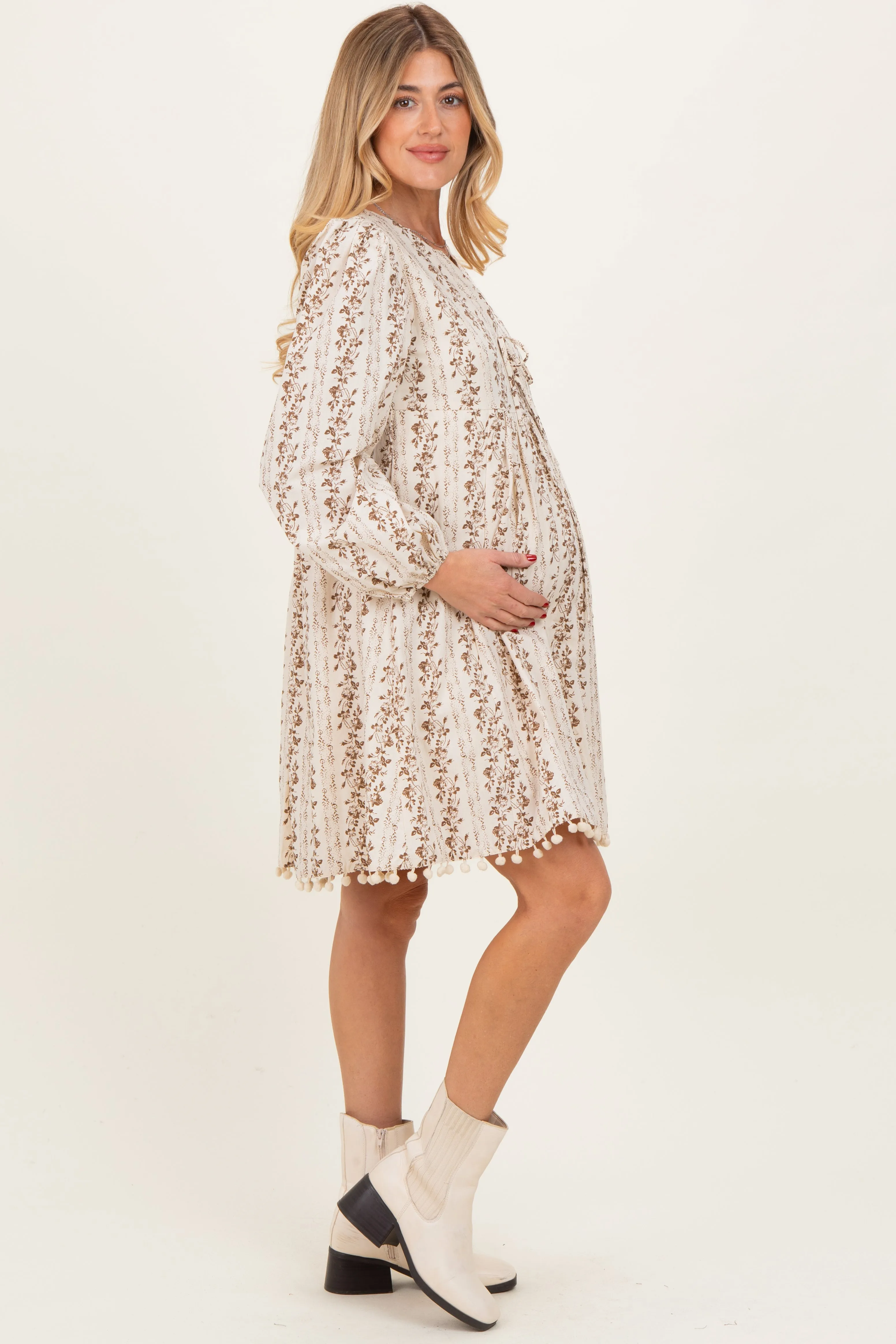 Brown Floral Pom Accent Hem Long Sleeve Maternity Dress sold by Pinkblush product image thumbnail 3