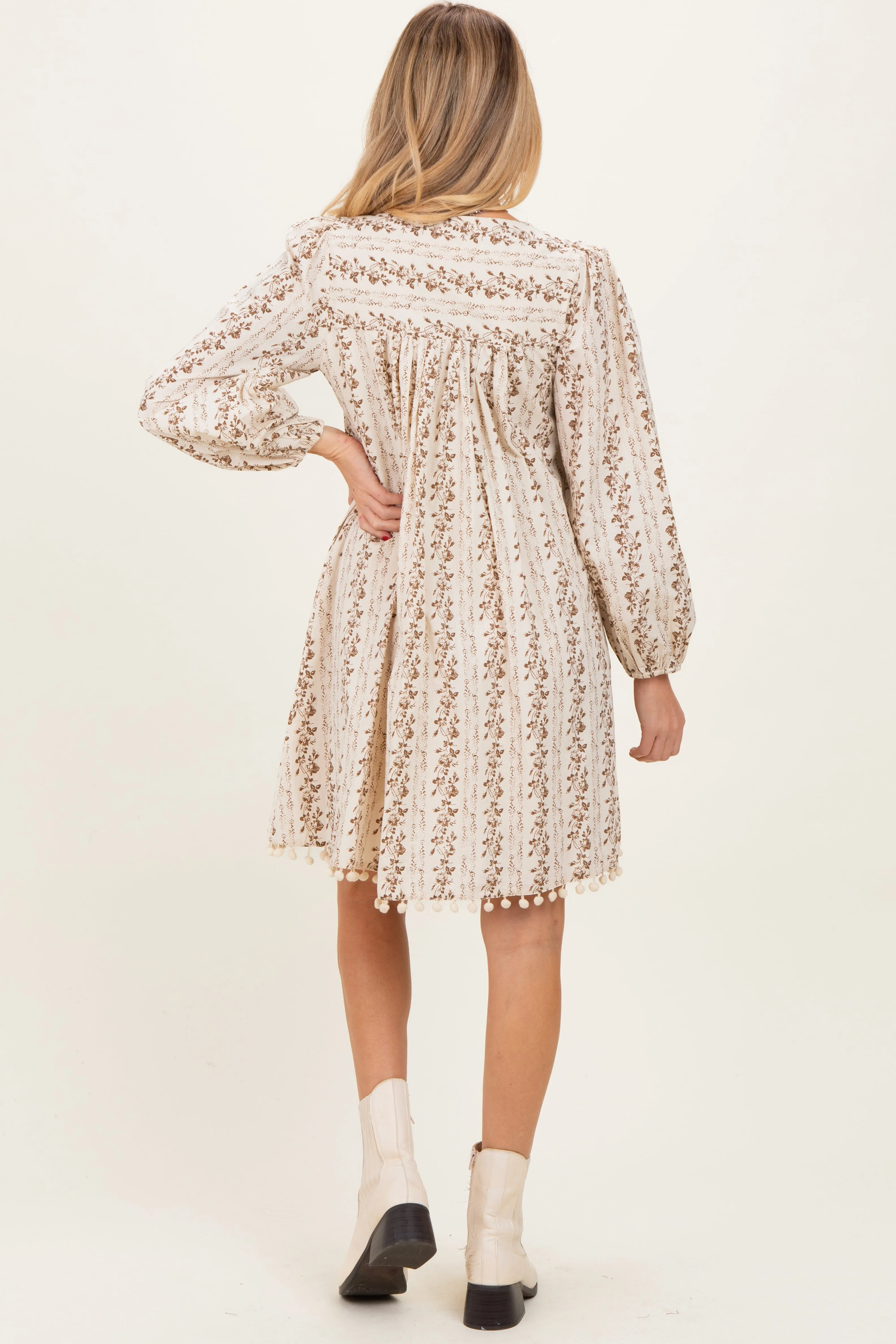 Brown Floral Pom Accent Hem Long Sleeve Maternity Dress sold by Pinkblush product image thumbnail 4