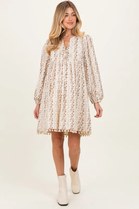 Brown Floral Pom Accent Hem Long Sleeve Maternity Dress sold by Pinkblush