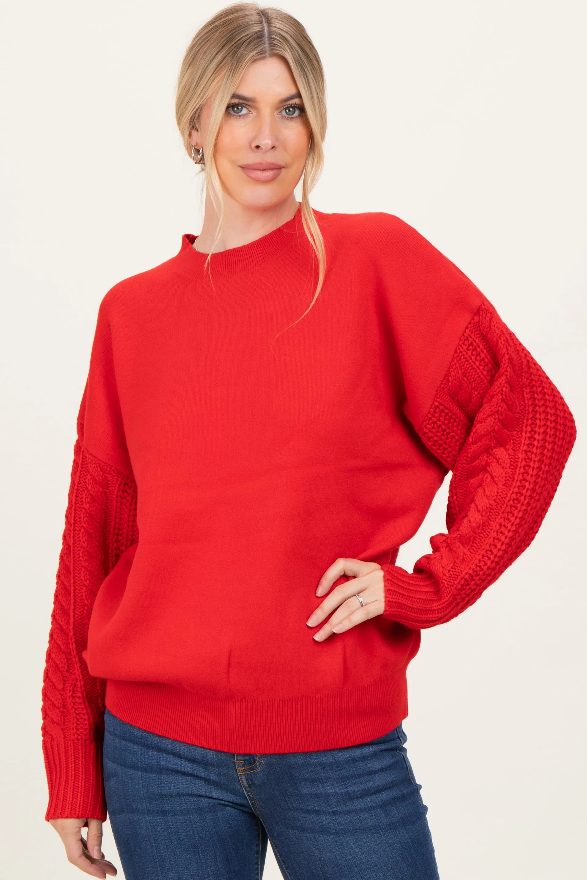 Red Cable Knit Sleeve Round Neck Sweater sold by Pinkblush product image thumbnail 2