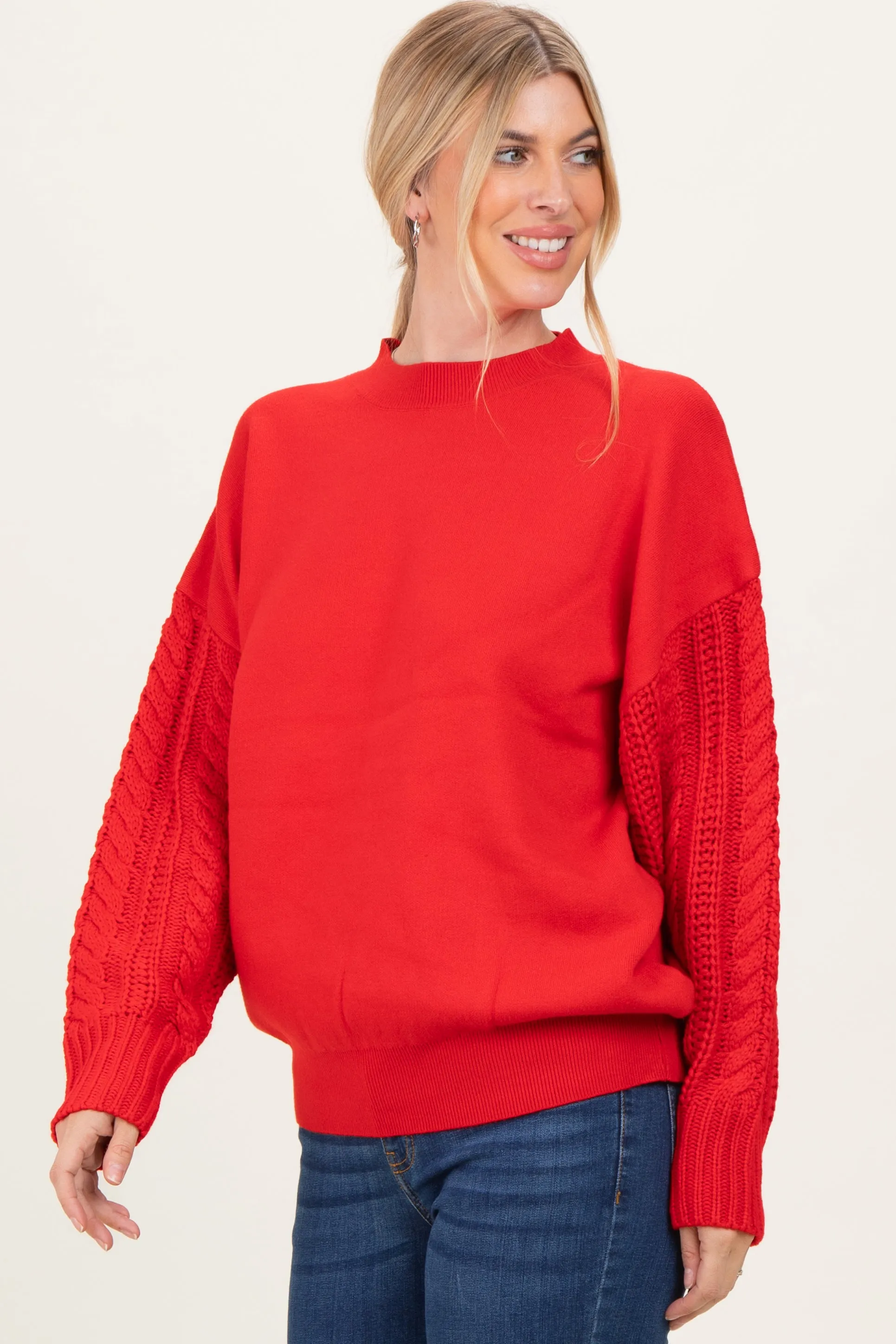 Red Cable Knit Sleeve Round Neck Sweater sold by Pinkblush product image thumbnail 3