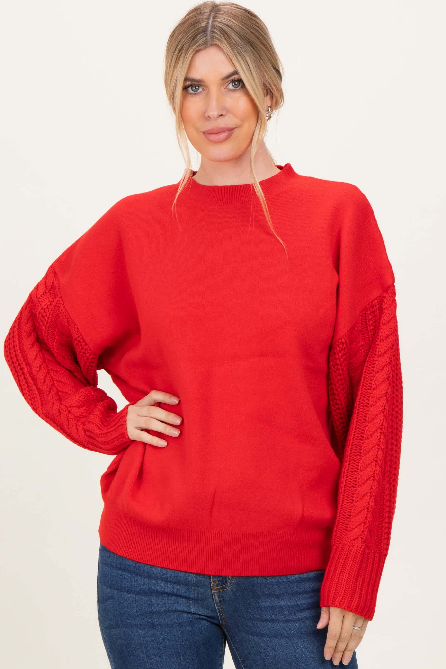 Red Cable Knit Sleeve Round Neck Sweater sold by Pinkblush