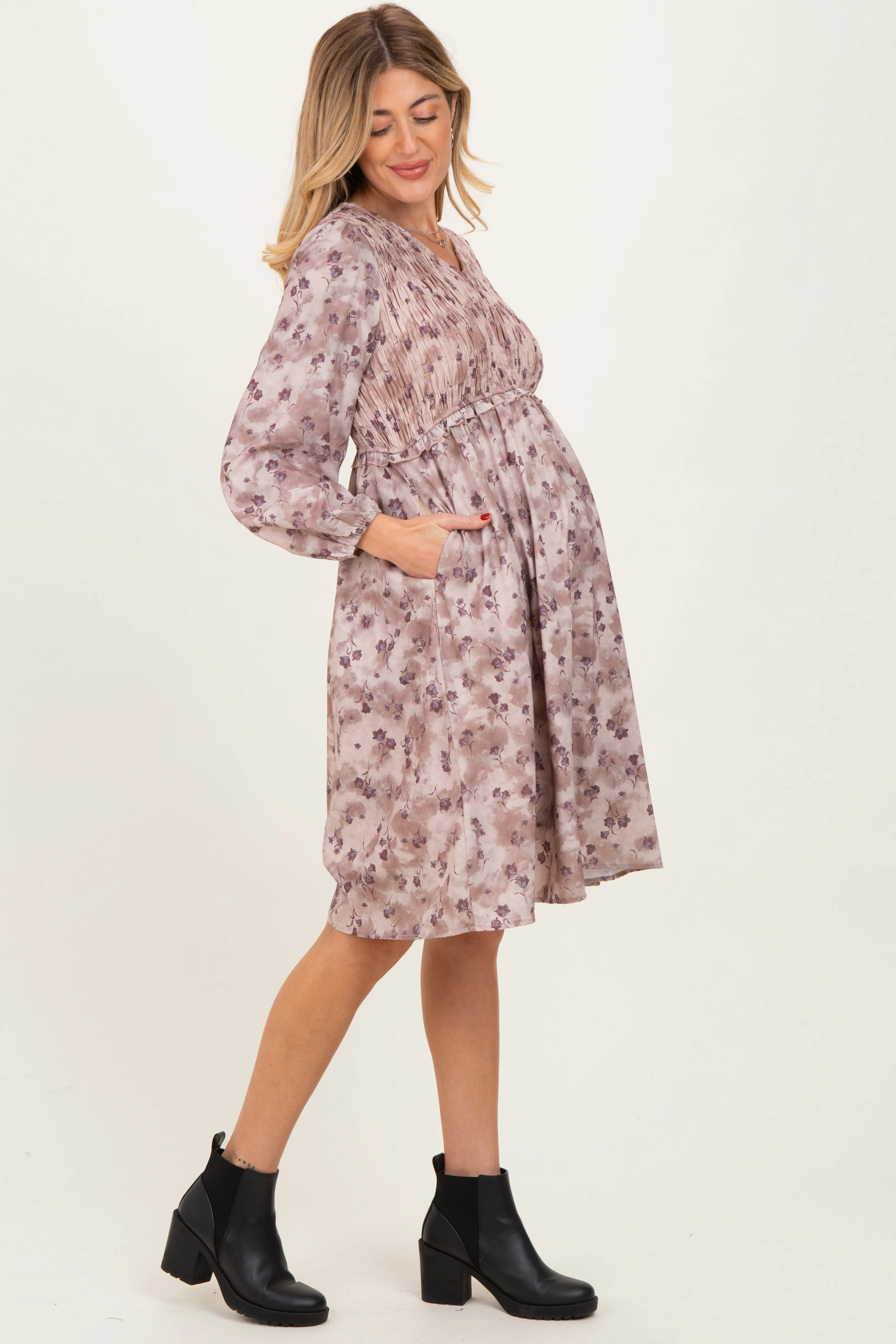 Beige Floral Smocked Long Sleeve Maternity Dress sold by Pinkblush product image thumbnail 3