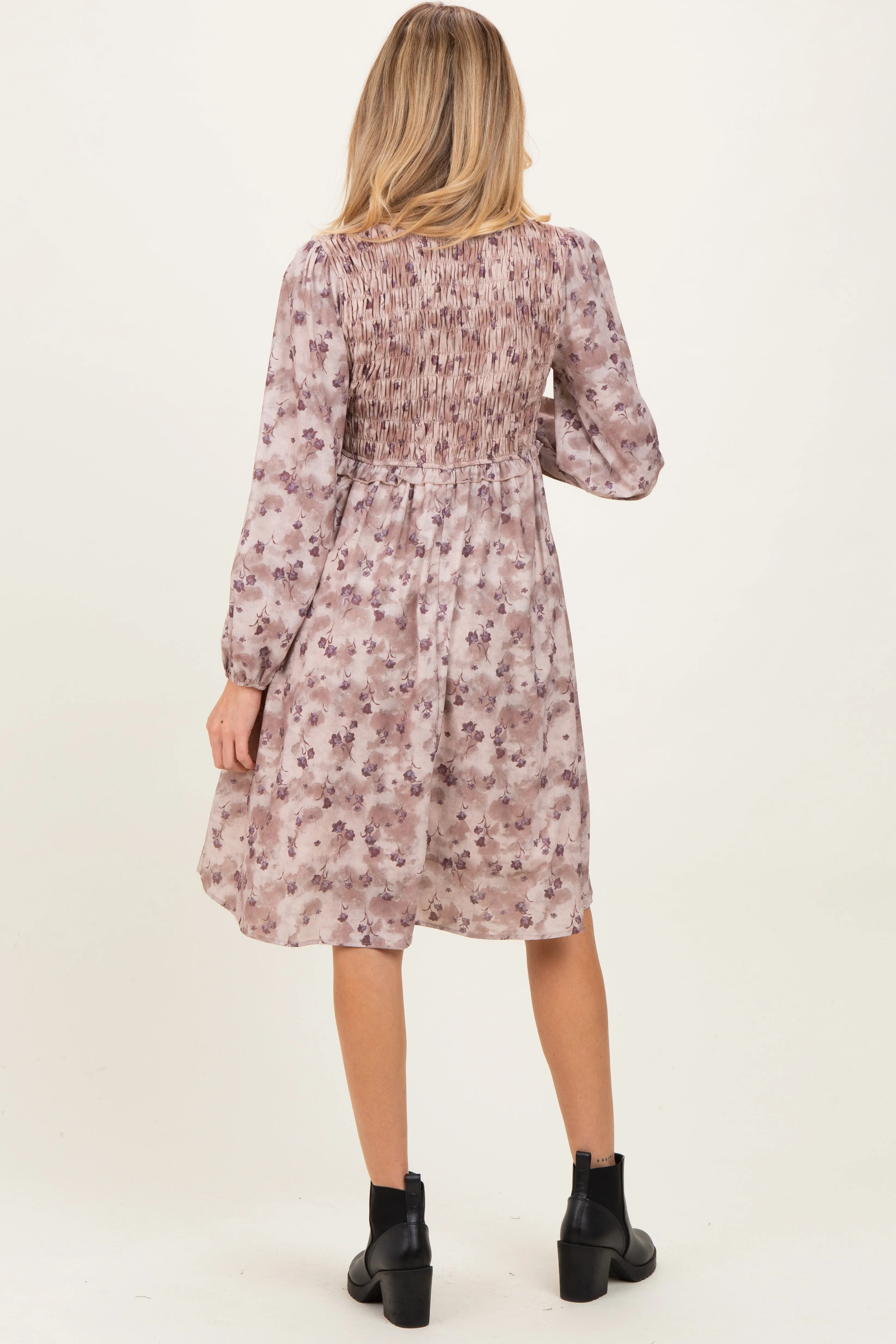 Beige Floral Smocked Long Sleeve Maternity Dress sold by Pinkblush product image thumbnail 4