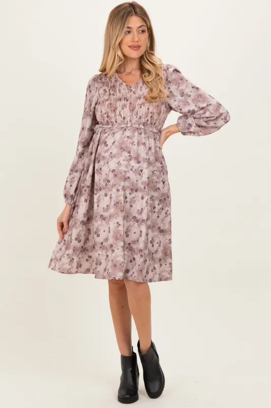 Beige Floral Smocked Long Sleeve Maternity Dress sold by Pinkblush