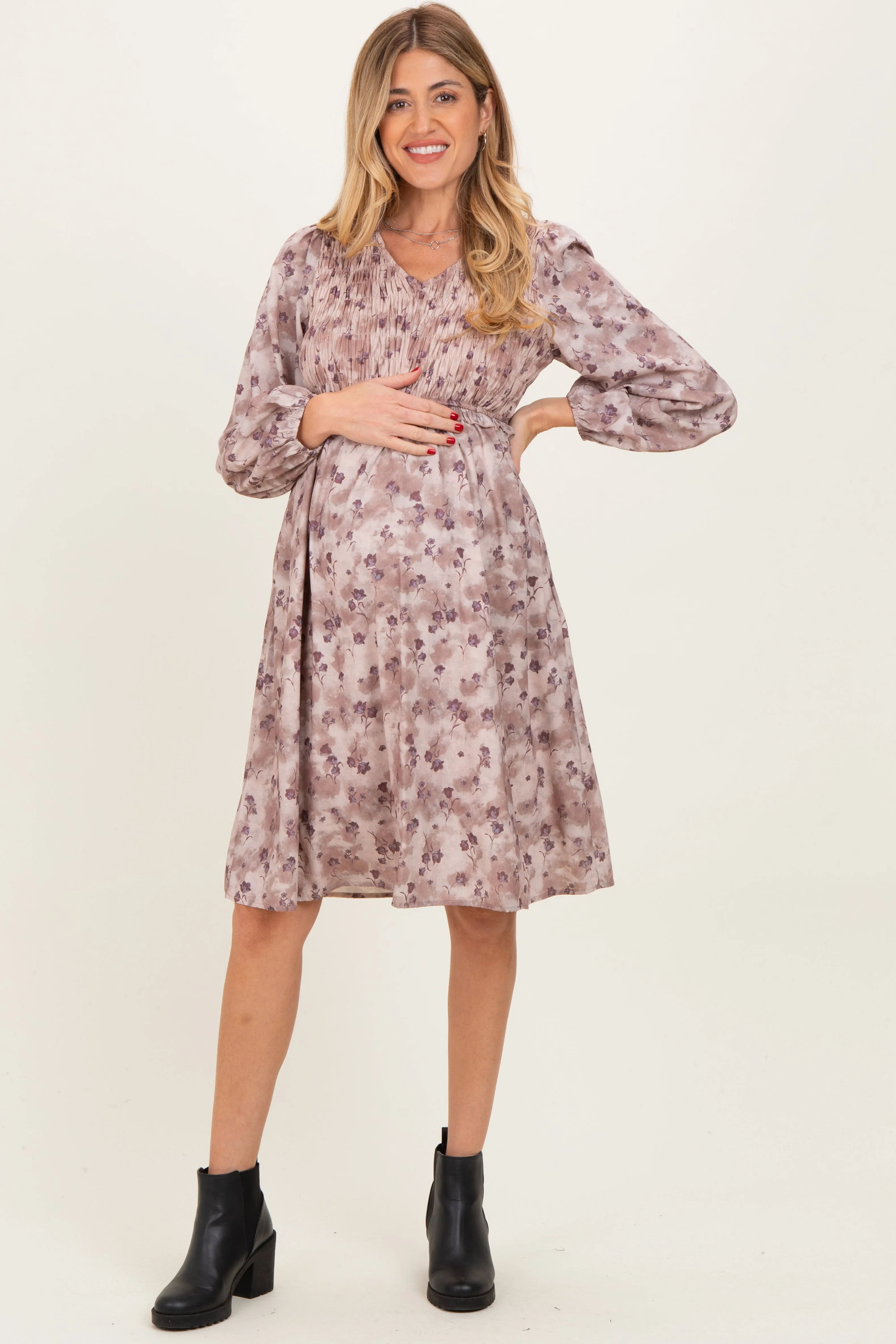 Beige Floral Smocked Long Sleeve Maternity Dress sold by Pinkblush product image thumbnail 2