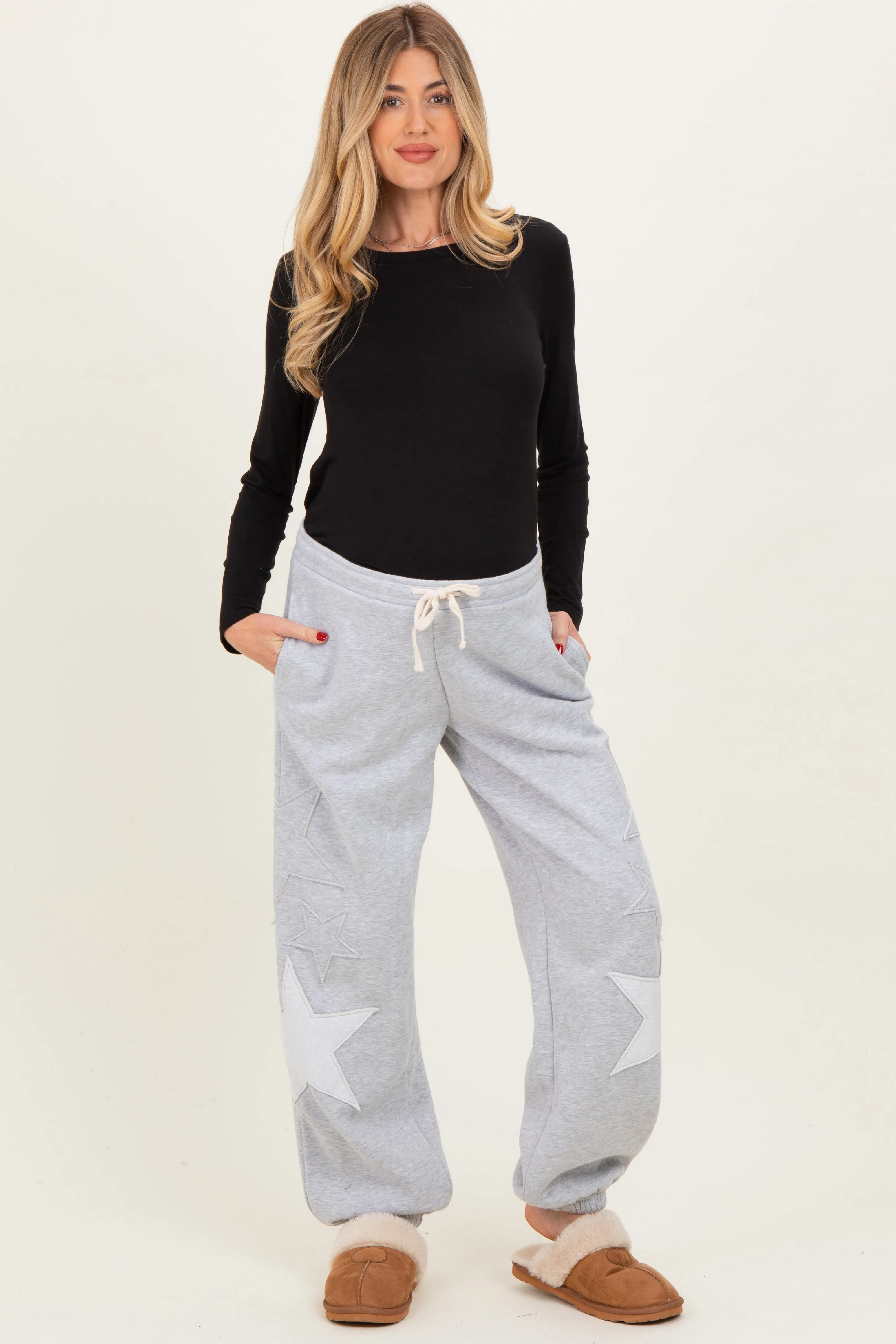 Heather Gray Star Patch Maternity Drawstring Sweatpants sold by Pinkblush