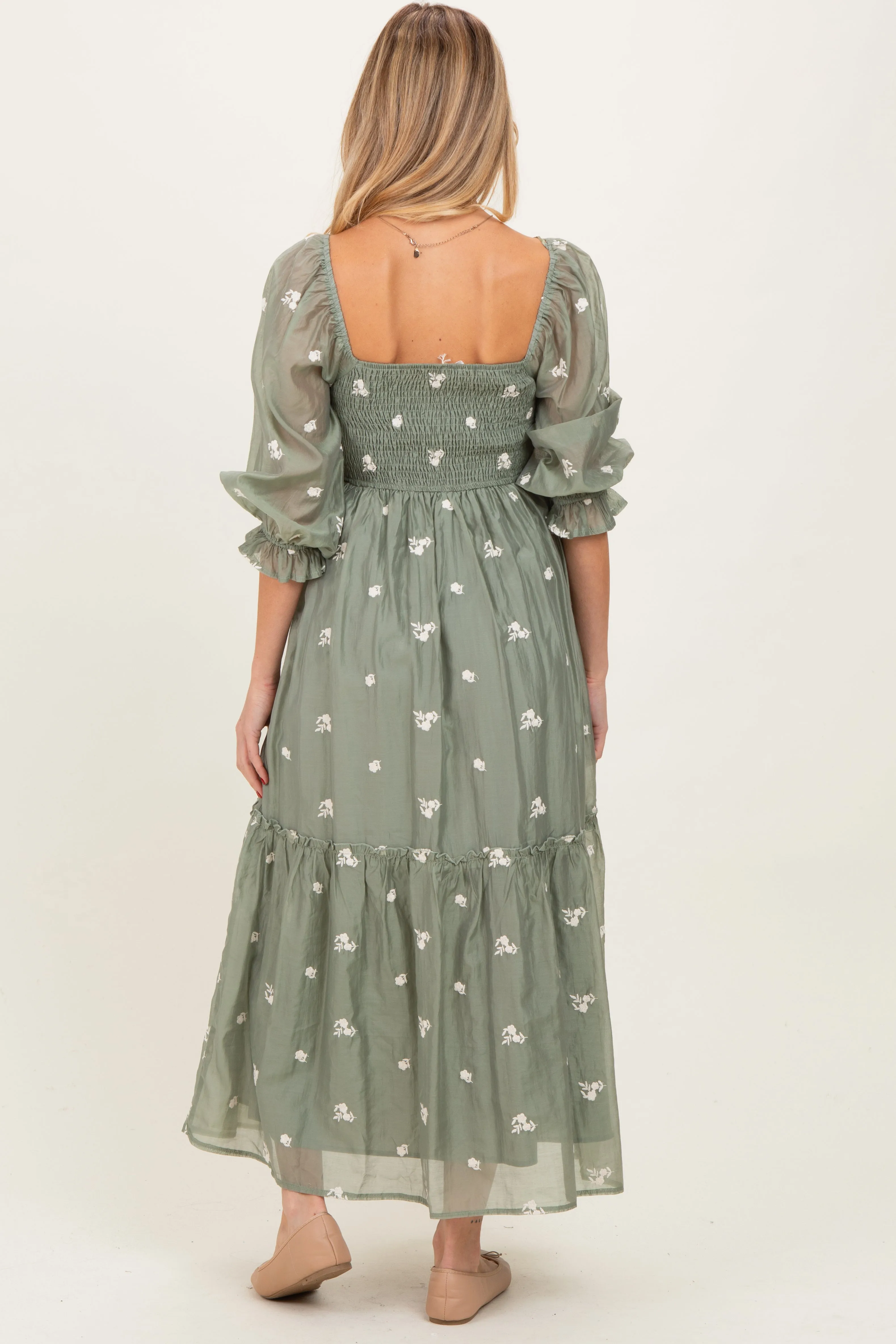 Light Olive Floral Embroidered Smocked 3/4 Sleeve Maternity Midi Dress sold by Pinkblush product image thumbnail 4