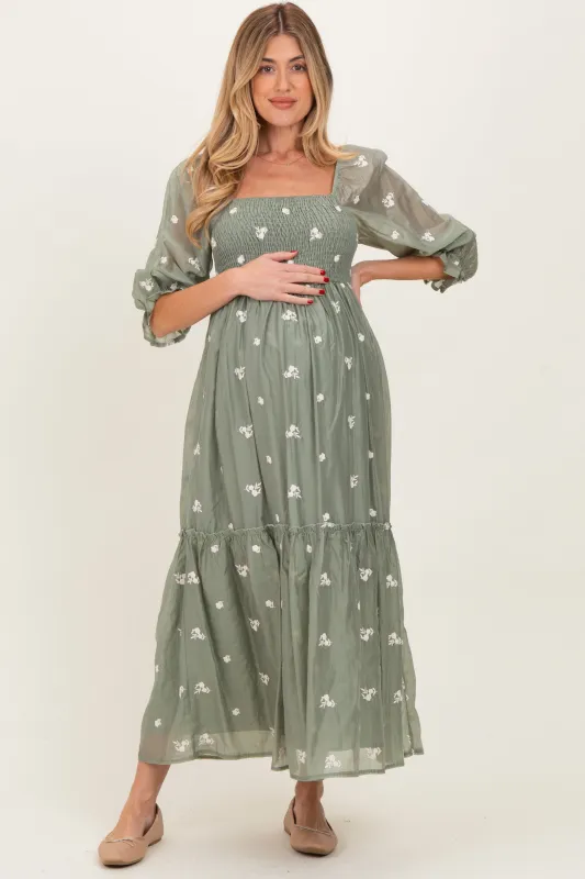 Light Olive Floral Embroidered Smocked 3/4 Sleeve Maternity Midi Dress sold by Pinkblush