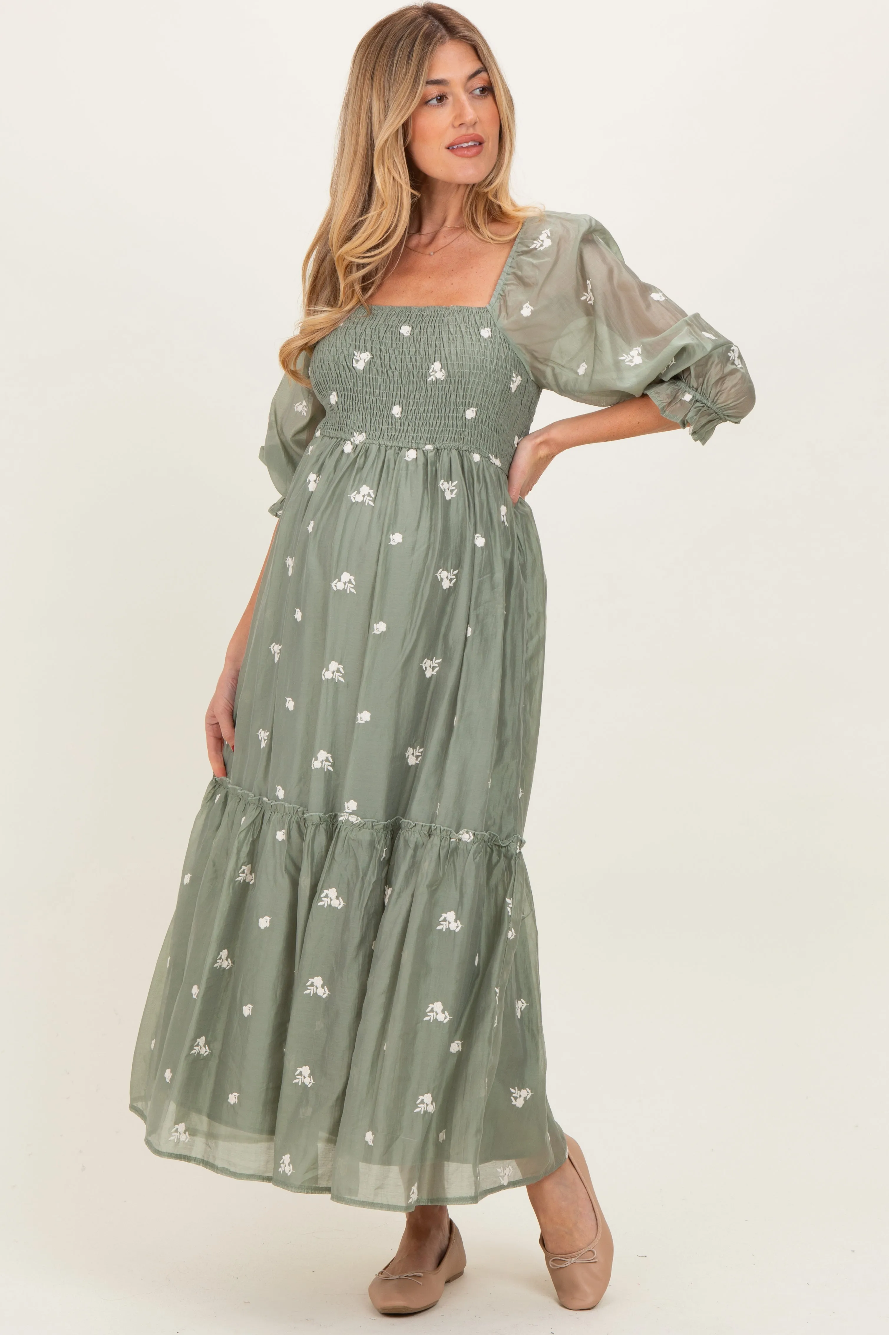 Light Olive Floral Embroidered Smocked 3/4 Sleeve Maternity Midi Dress sold by Pinkblush product image thumbnail 2