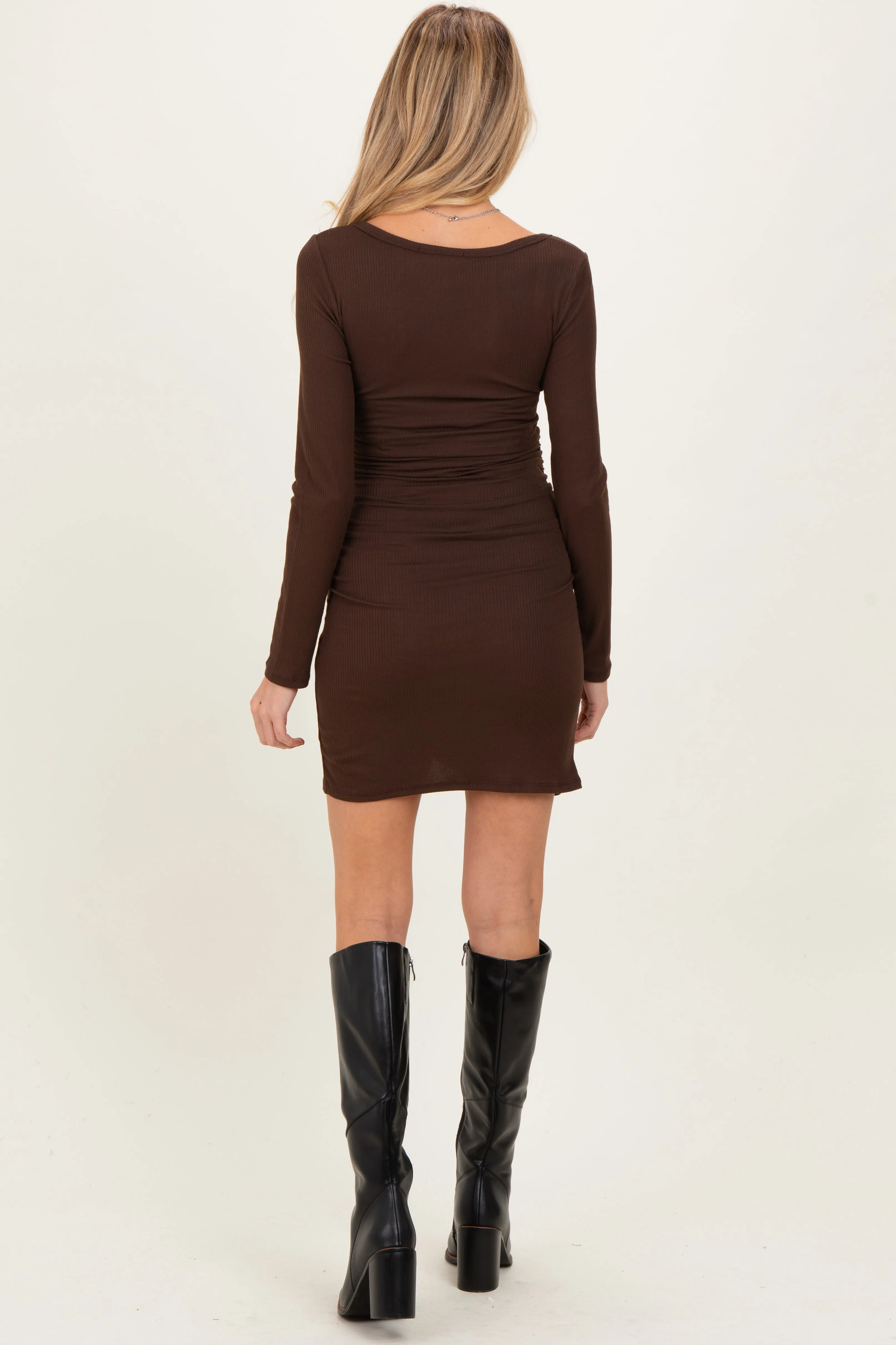 Brown Ribbed Long Sleeve Ruched Tulip Skirt Maternity Dress sold by Pinkblush product image thumbnail 4