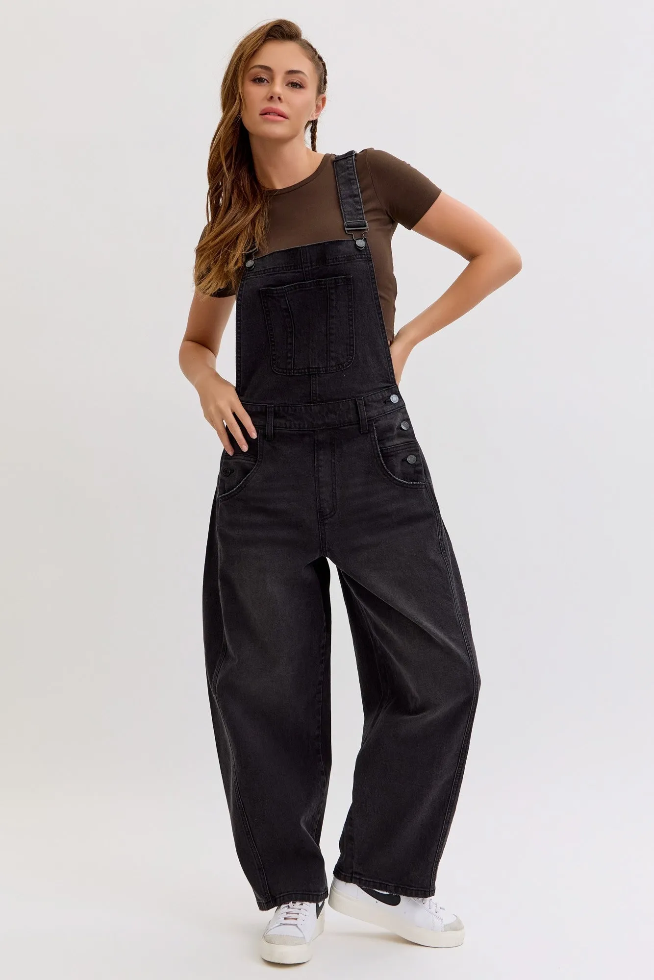 Black Barrel Leg Maternity Denim Overalls sold by Pinkblush product image thumbnail 4