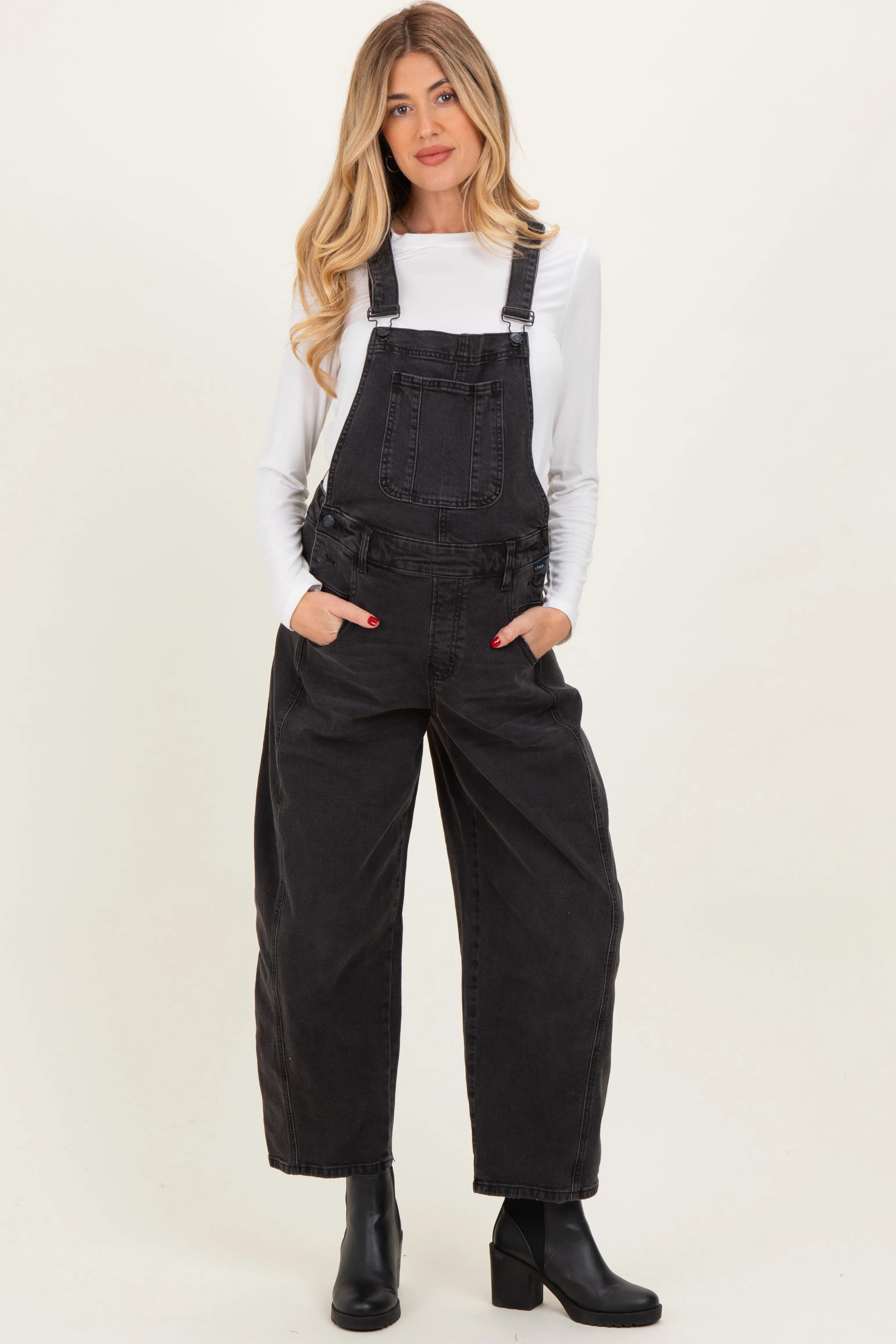 Black Barrel Leg Maternity Denim Overalls sold by Pinkblush