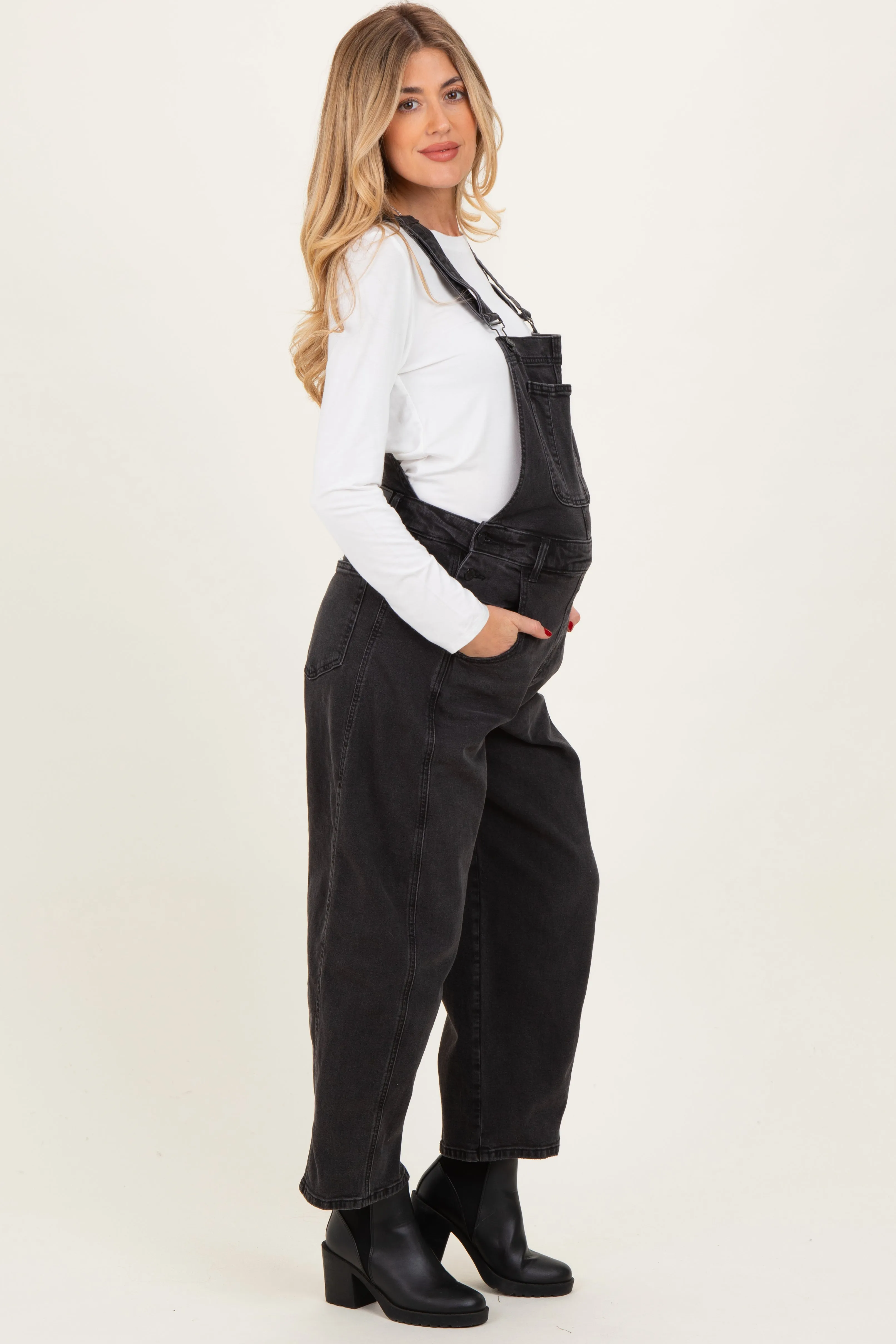 Black Barrel Leg Maternity Denim Overalls sold by Pinkblush product image thumbnail 2