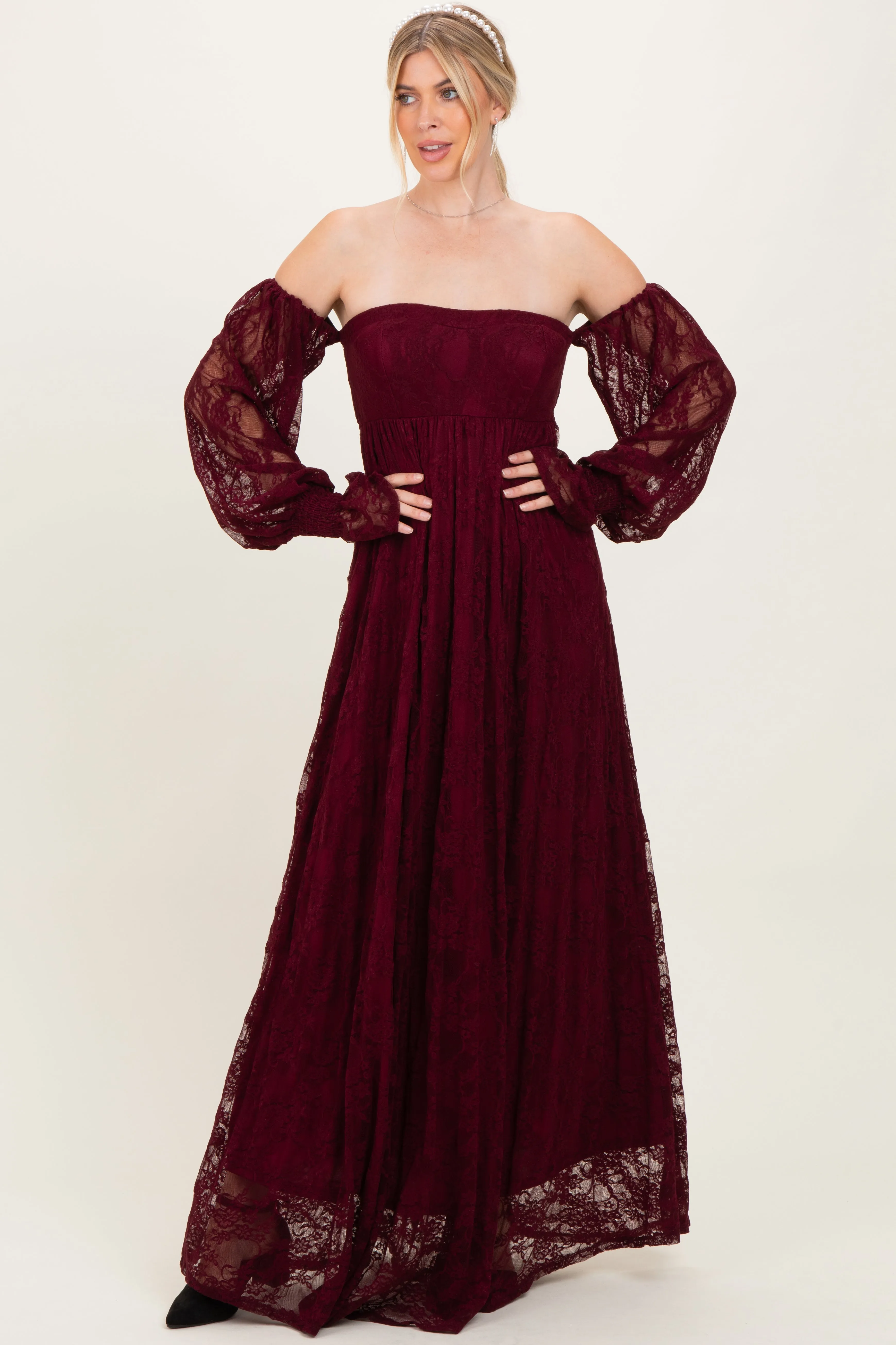 Burgundy Lace Smocked Long Sleeve Off Shoulder Maxi Dress sold by Pinkblush product image thumbnail 2