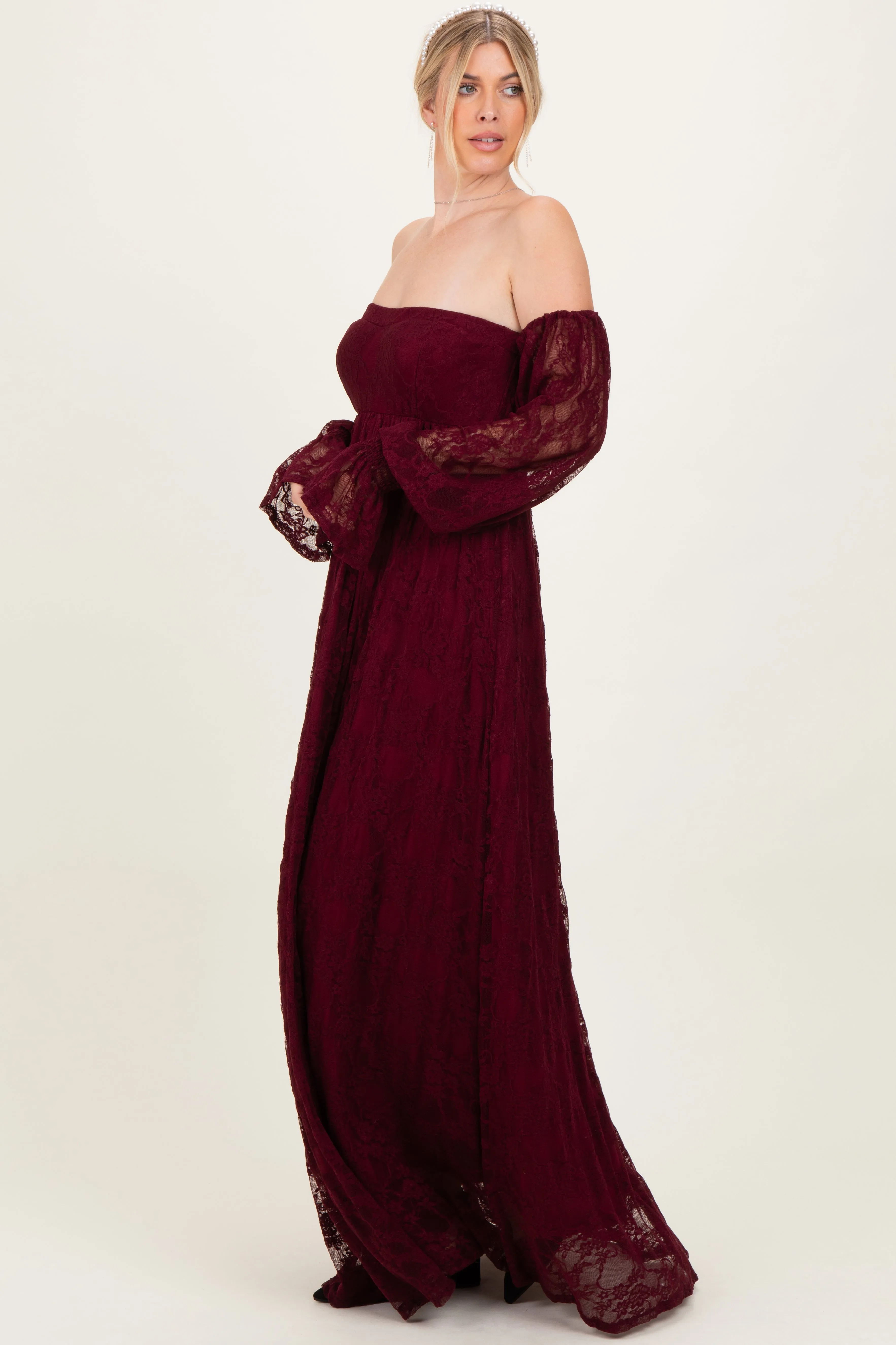 Burgundy Lace Smocked Long Sleeve Off Shoulder Maxi Dress sold by Pinkblush product image thumbnail 3