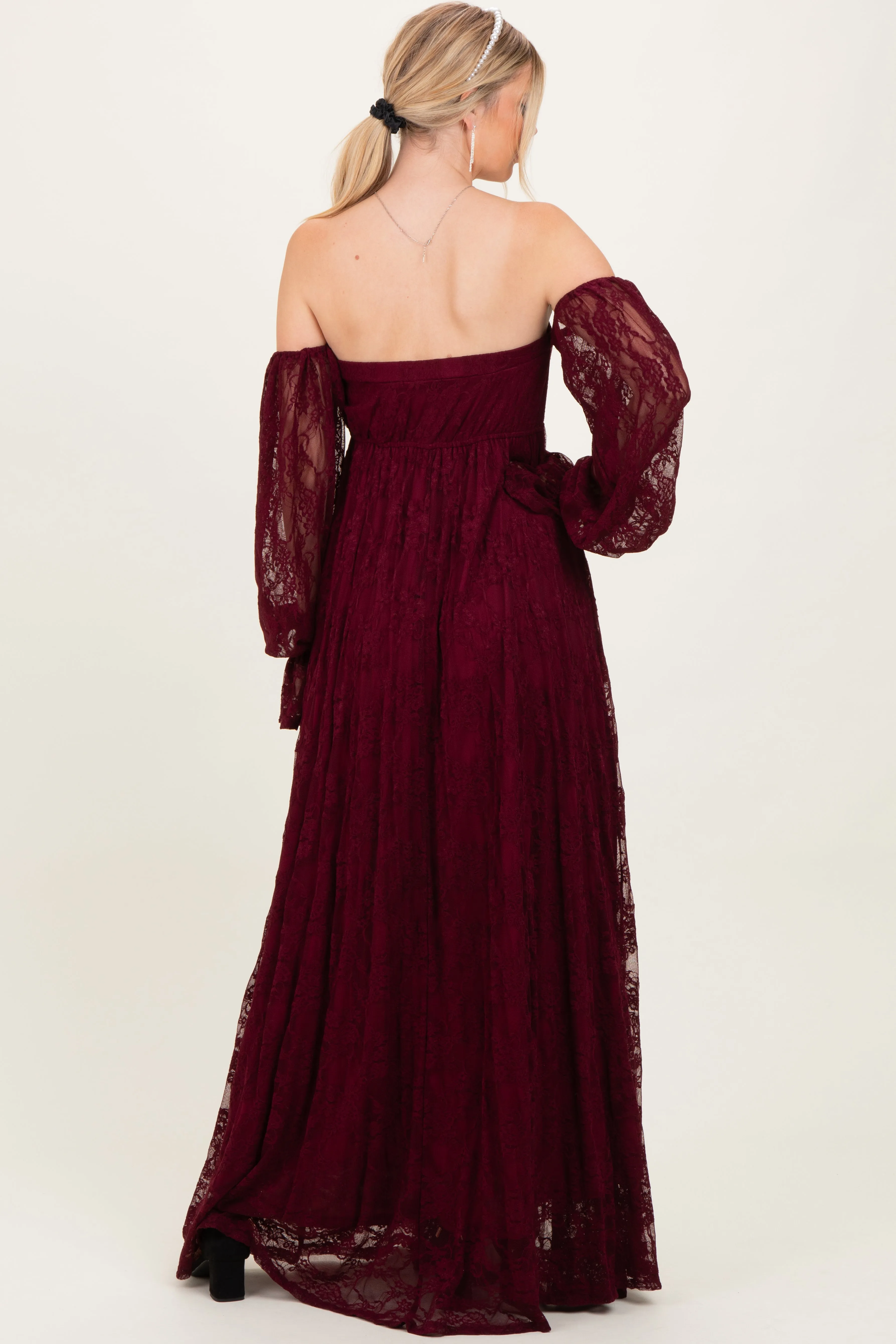 Burgundy Lace Smocked Long Sleeve Off Shoulder Maxi Dress sold by Pinkblush product image thumbnail 4