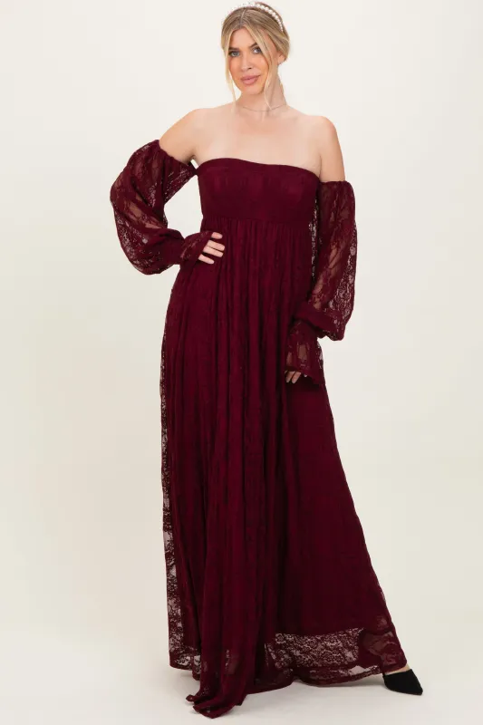 Burgundy Lace Smocked Long Sleeve Off Shoulder Maxi Dress sold by Pinkblush